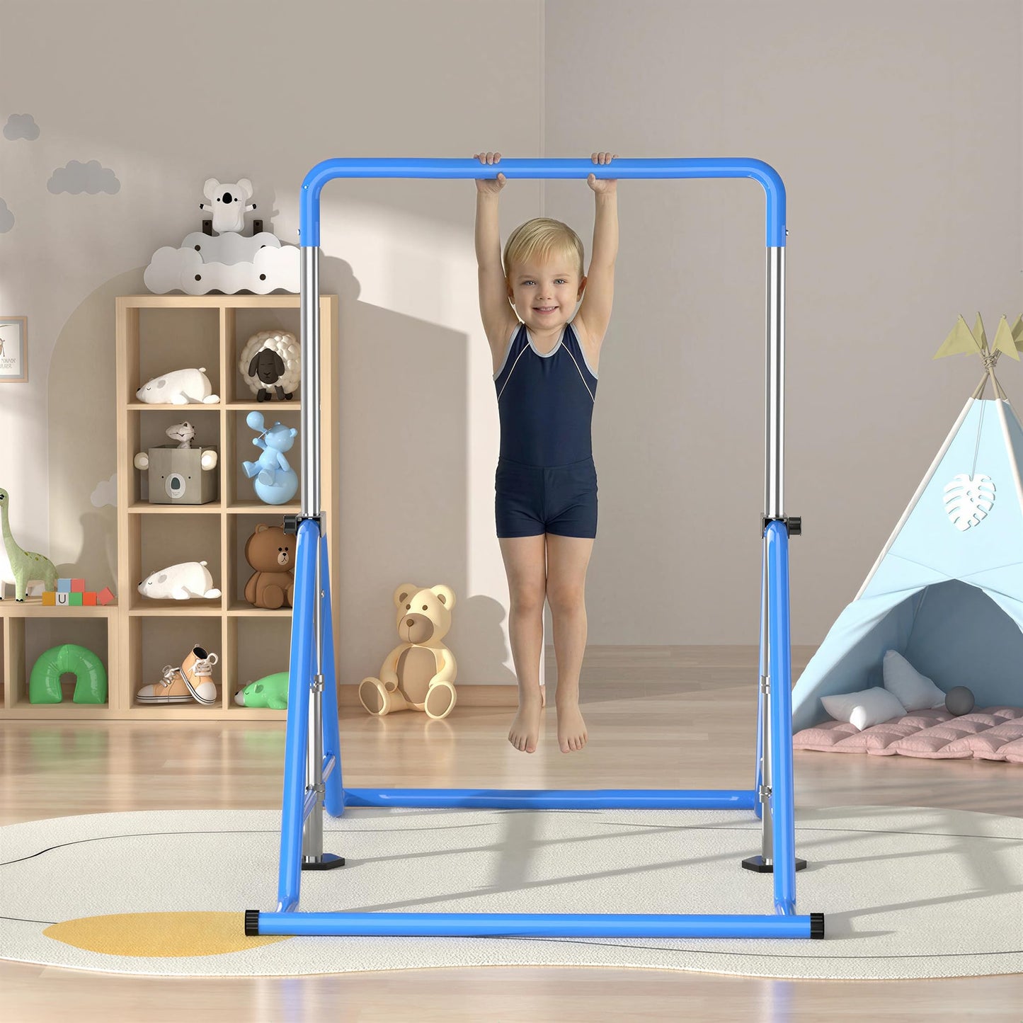YICHIJIAN Expandable Kids Gymnastics Kip Bar, Folding Adjustable Height 45''-61'', 300LBS Weight Limit, Robust Horizontal Training Bar for Home Indoor Use, Gift for Kids Ages 3-13, Blue