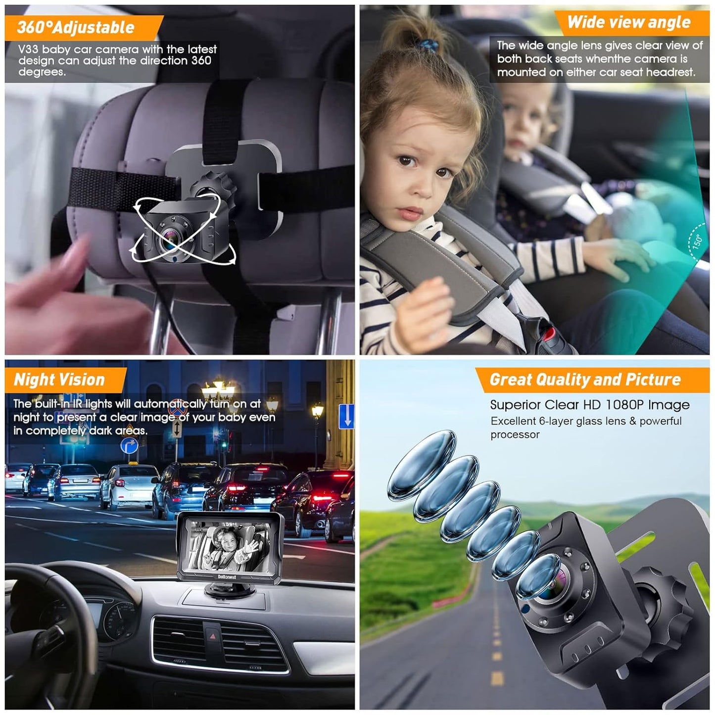 1080P Setup, DoHonest Baby Car Camera HD - Rear-Facing Car Baby Monitor with Night Vision, Adjustable View Angle, Easy