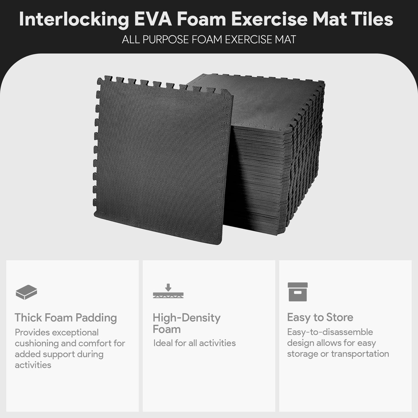 BalanceFrom Puzzle Exercise Mat 1/2" Thick, EVA Interlocking Foam Floor Tiles for Home Gym, Mat for Home Workout Equipment, Floor Padding for Kids, Black, 24 in x 24 in x 1/2 in, 144 Sq Ft - 36 Tiles
