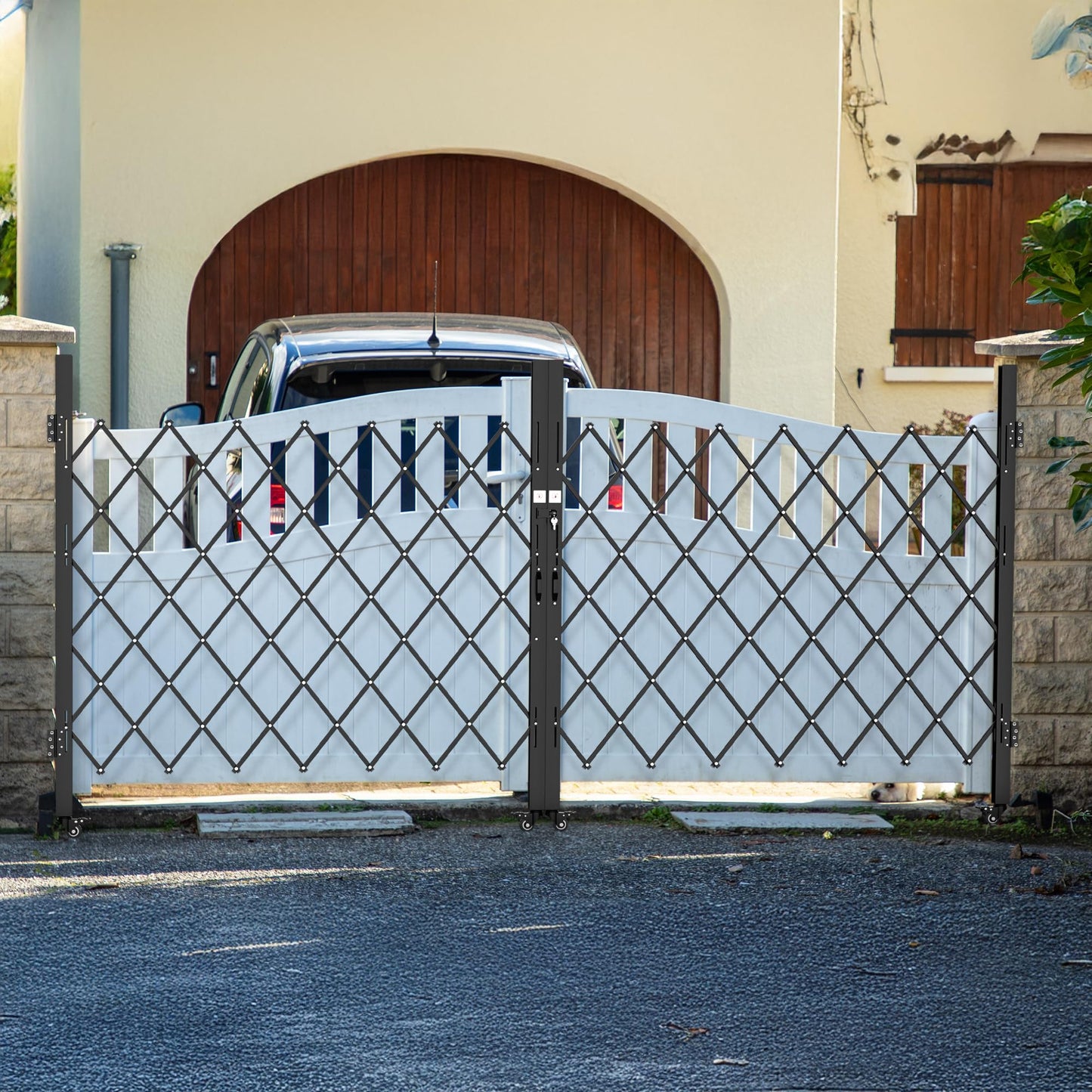 YITAHOME Double Folding Security Gate, 61" H x 130" W Door Gate,Flexible Expanding Security Gate, Steel Safety Gates, 360° Rolling Barricade Gate, Scissor Gate with Padlock, Aluminum Alloy Mesh,Black