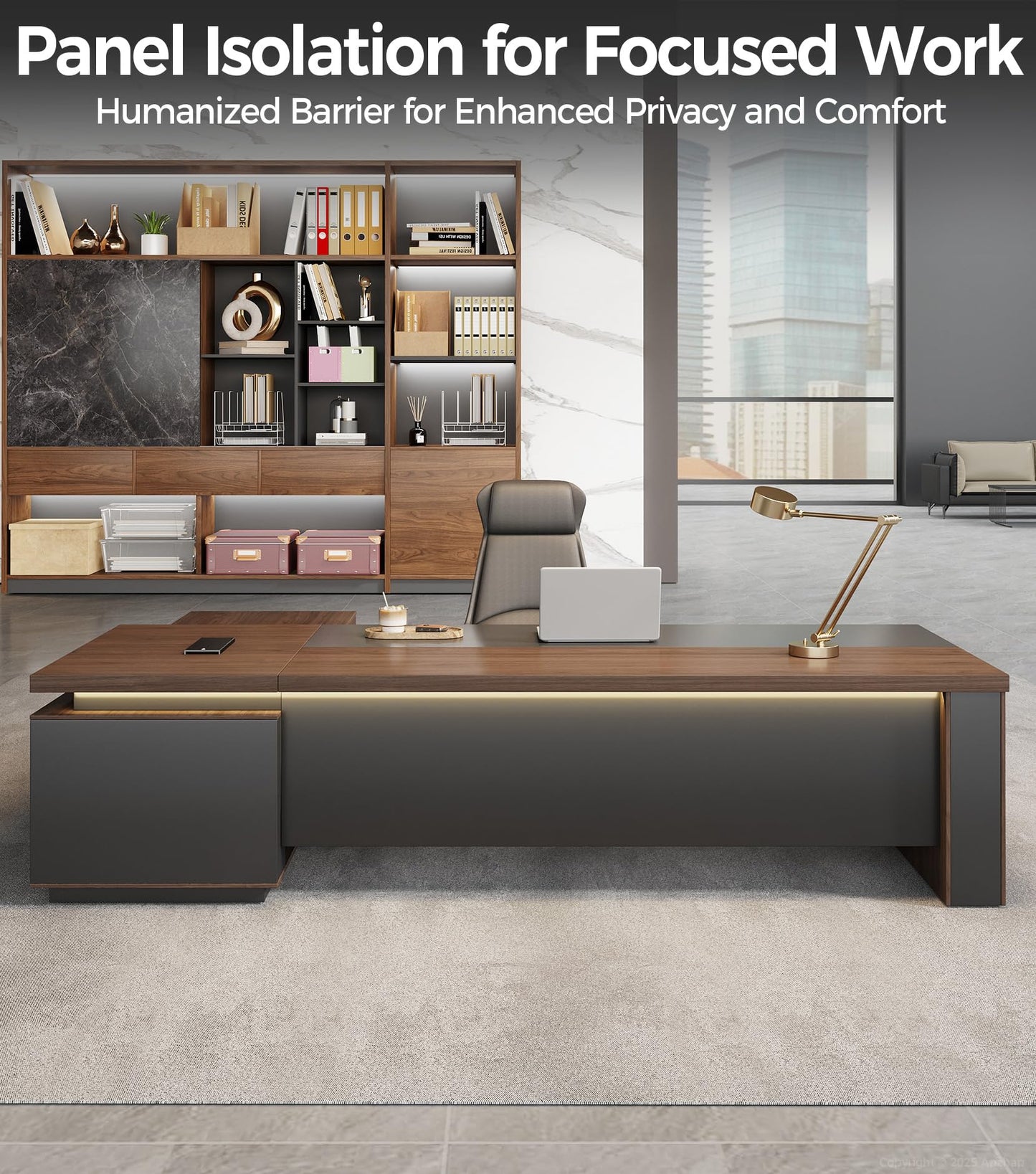 87" Reversible L-Shaped Executive Desk with Drawers – Luxury Office Computer Desk with Open Shelves, LED Lighting, Built-in Outlet & USB Ports for Home Office, Corporate, School (87"W x 71"D x 30"H)