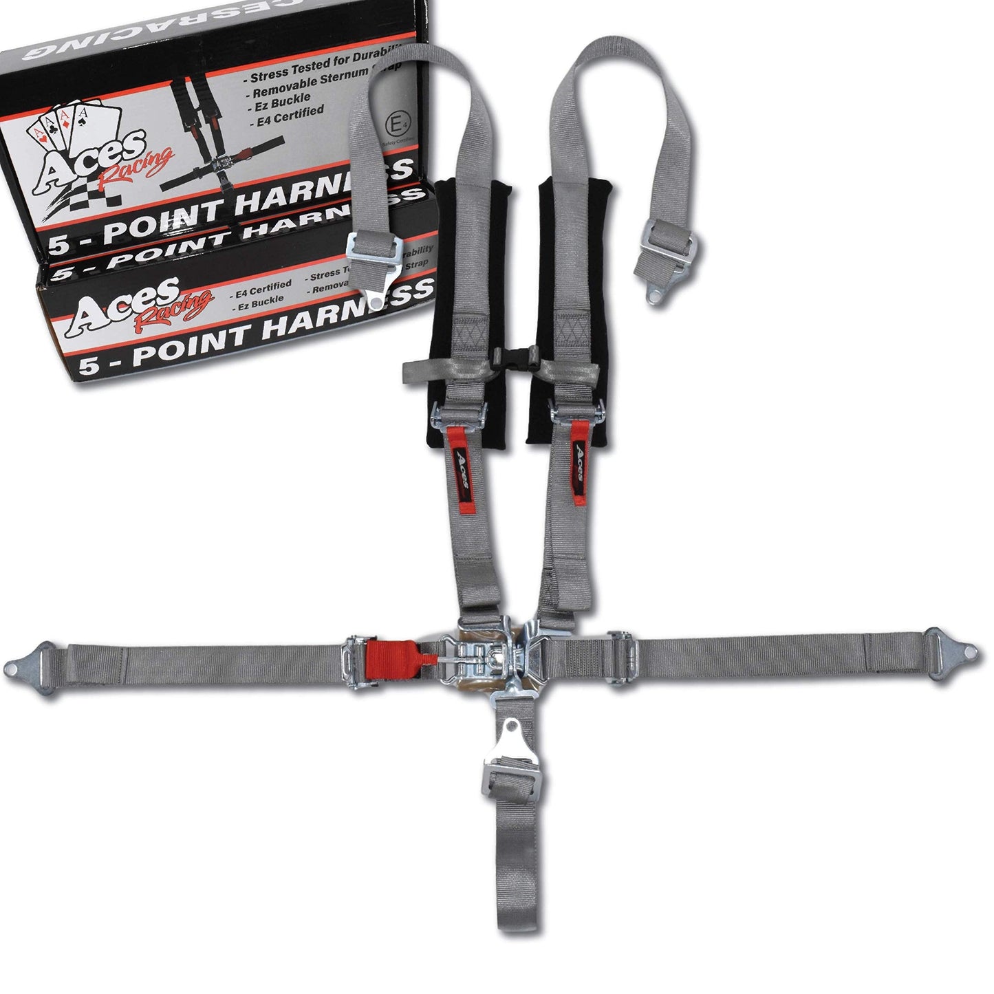 AAAA Aces Racing 5 Point Harness With 2 Inch Padding E4 Certified (Silver)