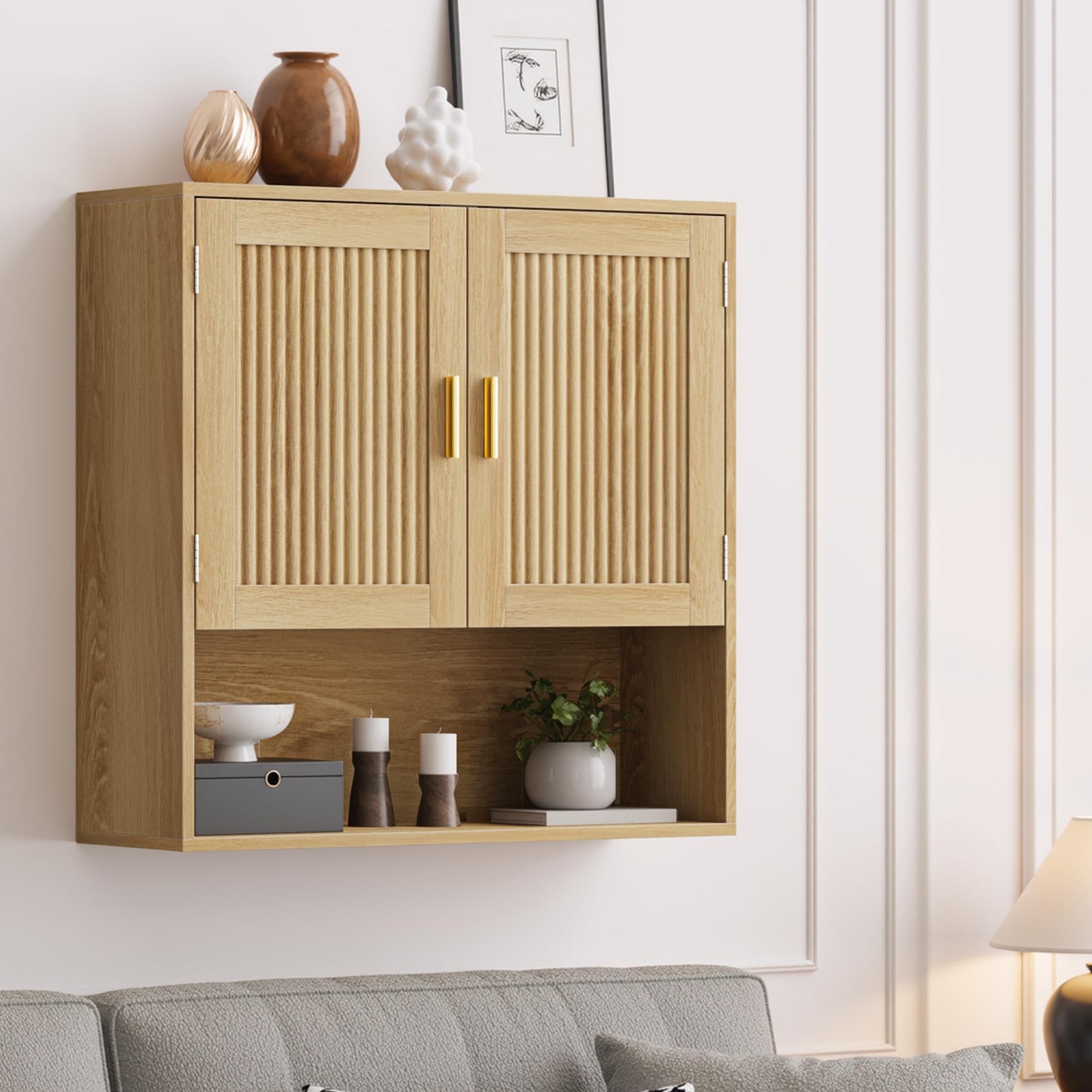 Smuxee Bathroom Cabinet Wall Mounted, Wooden Medicine Cabinet with Fluted Doors & Adjustable Shelf, Bathroom Cabinet for Bath Room, Living Room, Laundry Room