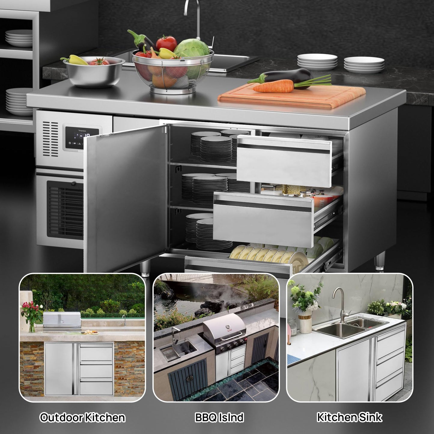 POPMOON 304 Stainless Steel Outdoor Kitchen Drawer Combo-28''W x 22''H x 19.5''D, Triple Storage Drawers & Access Door, Brushed Finish for BBQ Island