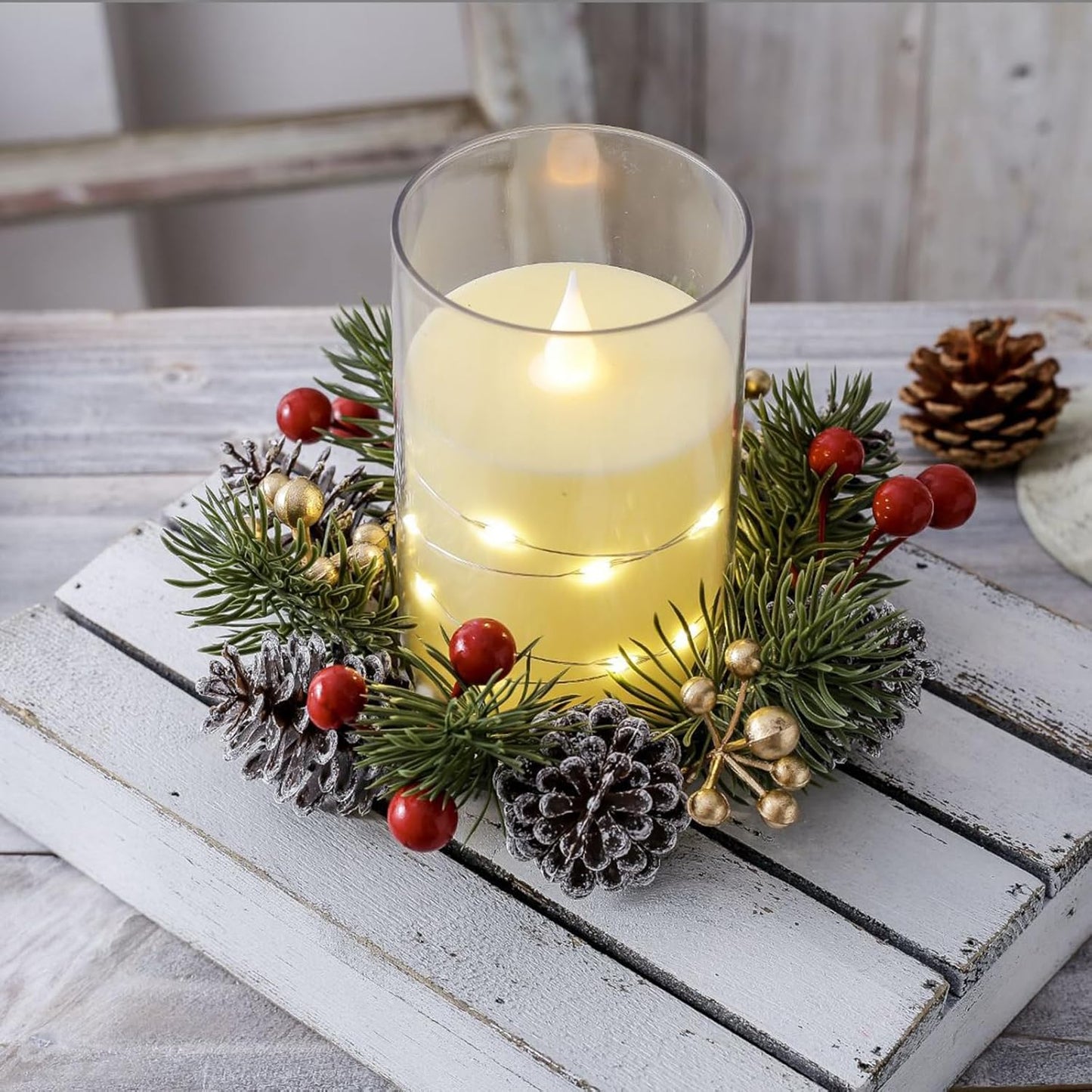 Skiennix Christmas Candle Rings - Elegant Gold & Red Floral Wreaths with Pinecones | Set of 2