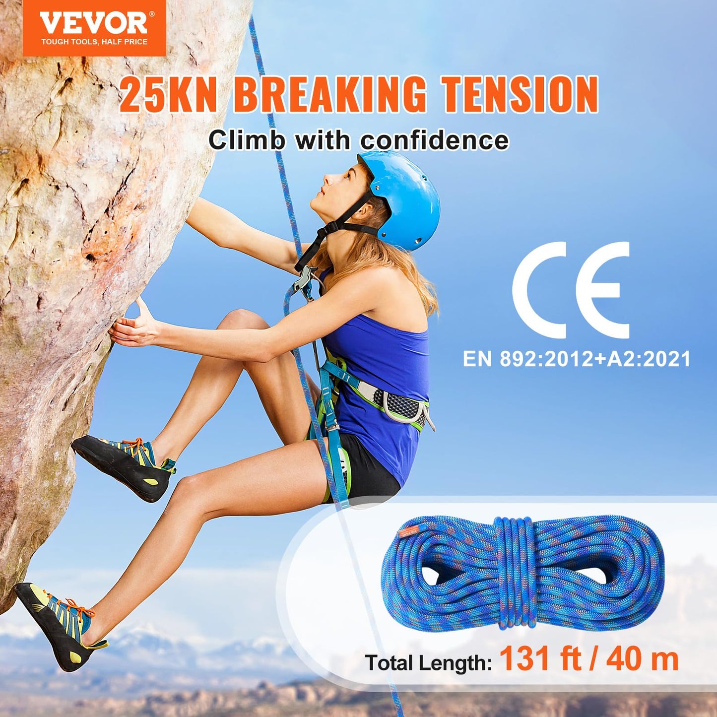 VEVOR 10.2mm Dynamic Climbing Rope, 40M(131ft) Outdoor Rock Climbing Rope 25KN Breaking Tension, Stretchable Fiber Rope with Steel Snap Hooks for Escape, Rappelling, Fire Rescue, Blue
