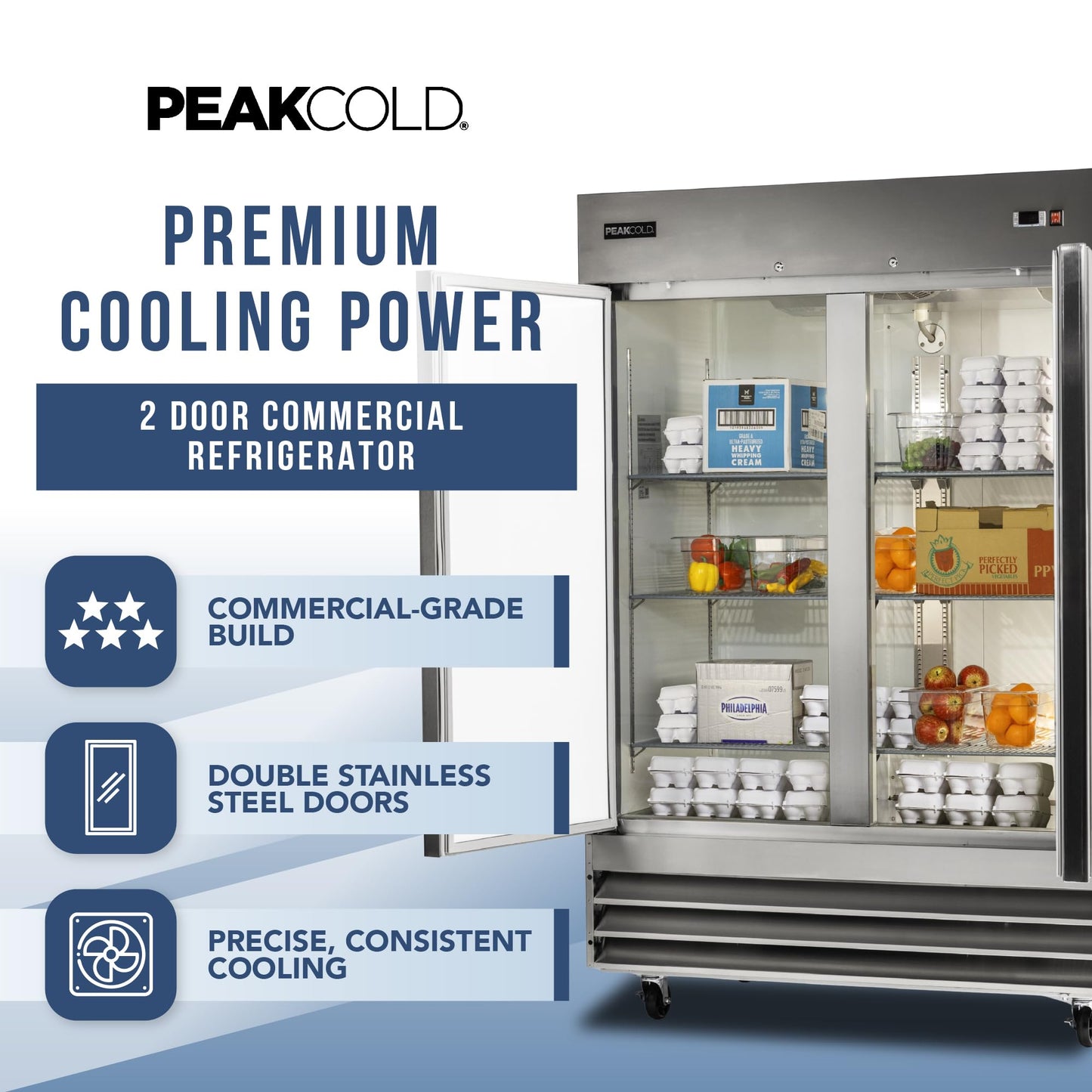 PEAKCOLD Double Door Commercial Refrigerator, 47 Cu. Ft., 54" W Stainless Steel Reach-In Upright Refrigerator, Adjustable Shelves, Auto Defrost, Digital Thermostat, Freestanding Industrial Fridge