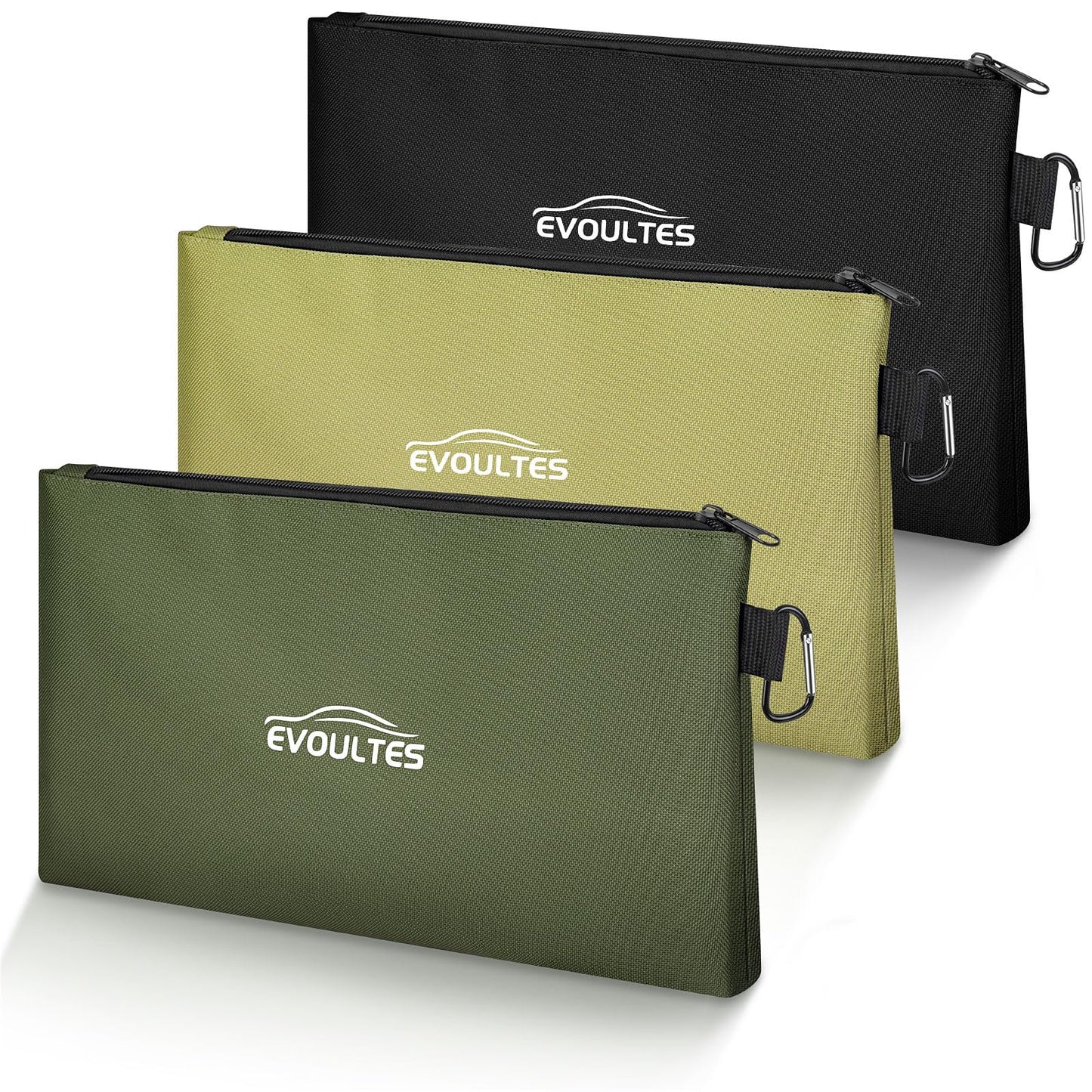 EVOULTES 12 Inch Tool Pouches with Zipper, Small Tools Bags with Carabiner, Multi Purpose Utility Organizer Bags for Tools (3 Pack in Tan, Navy Green, Black)
