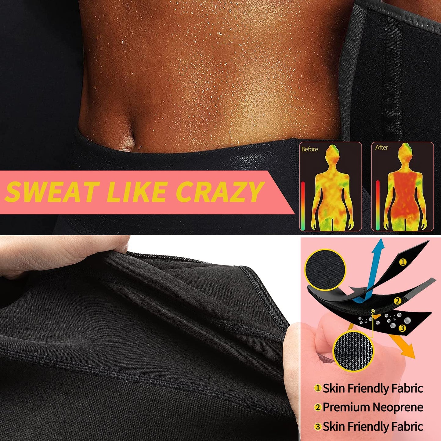KIWI RATA Neoprene Sauna Waist Trainer Corset Sweat Belt with 2 Straps for Women Sweat Band Compression Cincher Workout Fitness Trimmer,#1 Zipper Black,Small