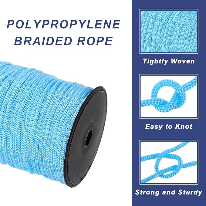 MECCANIXITY 3/16 Inch Polypropylene Rope Braided Ropes, 328ft Nylon Rope Hollow Utility Cord for Clothesline, Camping, Hiking, Outdoor, Sky Blue