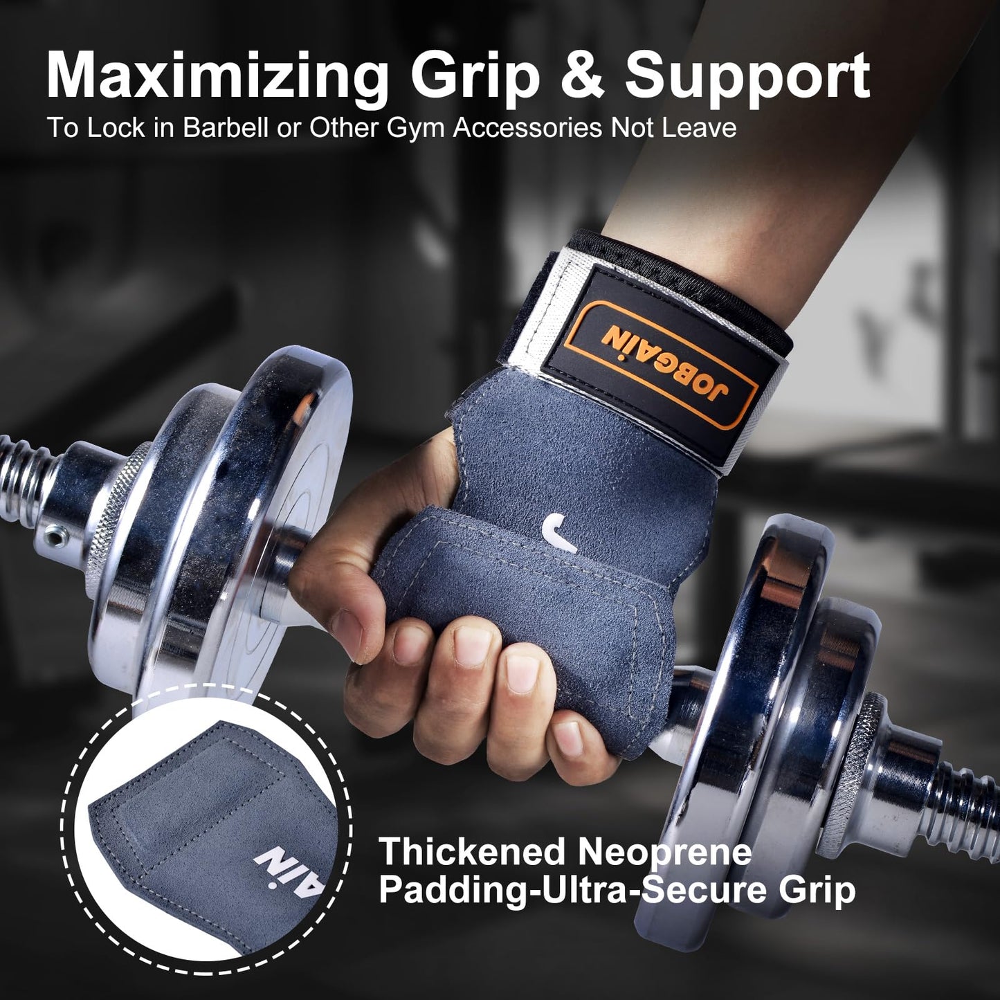 JOBGAIN Weight Lifting Wrist Straps, Double Layer Leather Wrist Strap for Deadlift and Powerlifting, Adjustable Neoprene Padded Wrist Wraps, for Men & Women, 1 Pair, Grey