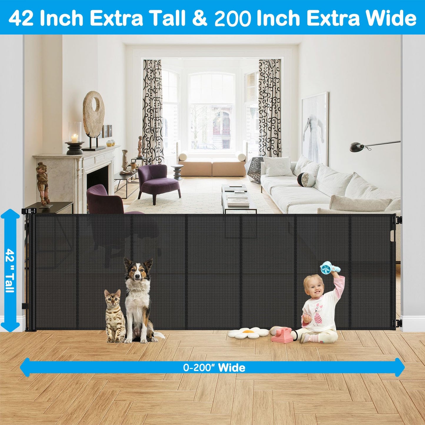 Reinforced 42" Extra Tall Retractable Dog Gate, 200" Extra Wide Baby Gate with Support Rods-Prevent Crawling Through, Outdoor/Indoor Baby Fence/Barrier/Blocker for Home, 16ft Retractable Garage Gate