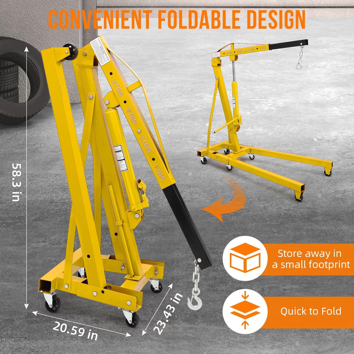 GarveeTech 2 T Engine Hoist, 4000 LBS Heavy Duty Folding Cherry Picker Engine Lift Hydraulic Tilting Engine Shop Crane with 6 Iron Caster Wheels Telescopic Boom Hitch,Yellow