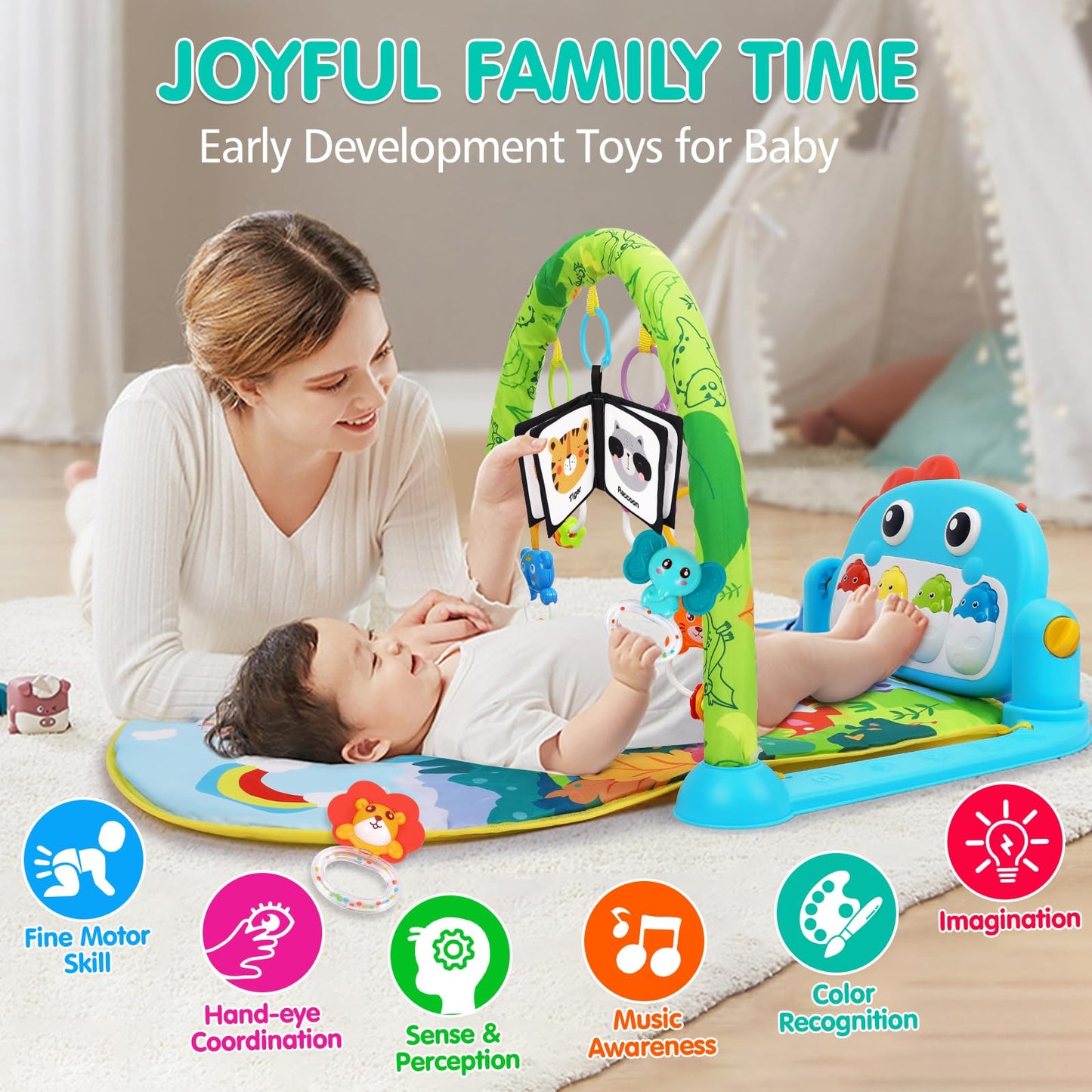 UMIKU Baby Play Mat Baby Tummy Time Mat Musical Activity Center for Infant with High-Contrast Piano Music & Light Newborn Babies Gifts for Boy Girl Babies 0-6 6-12 Months Dinosaur Style
