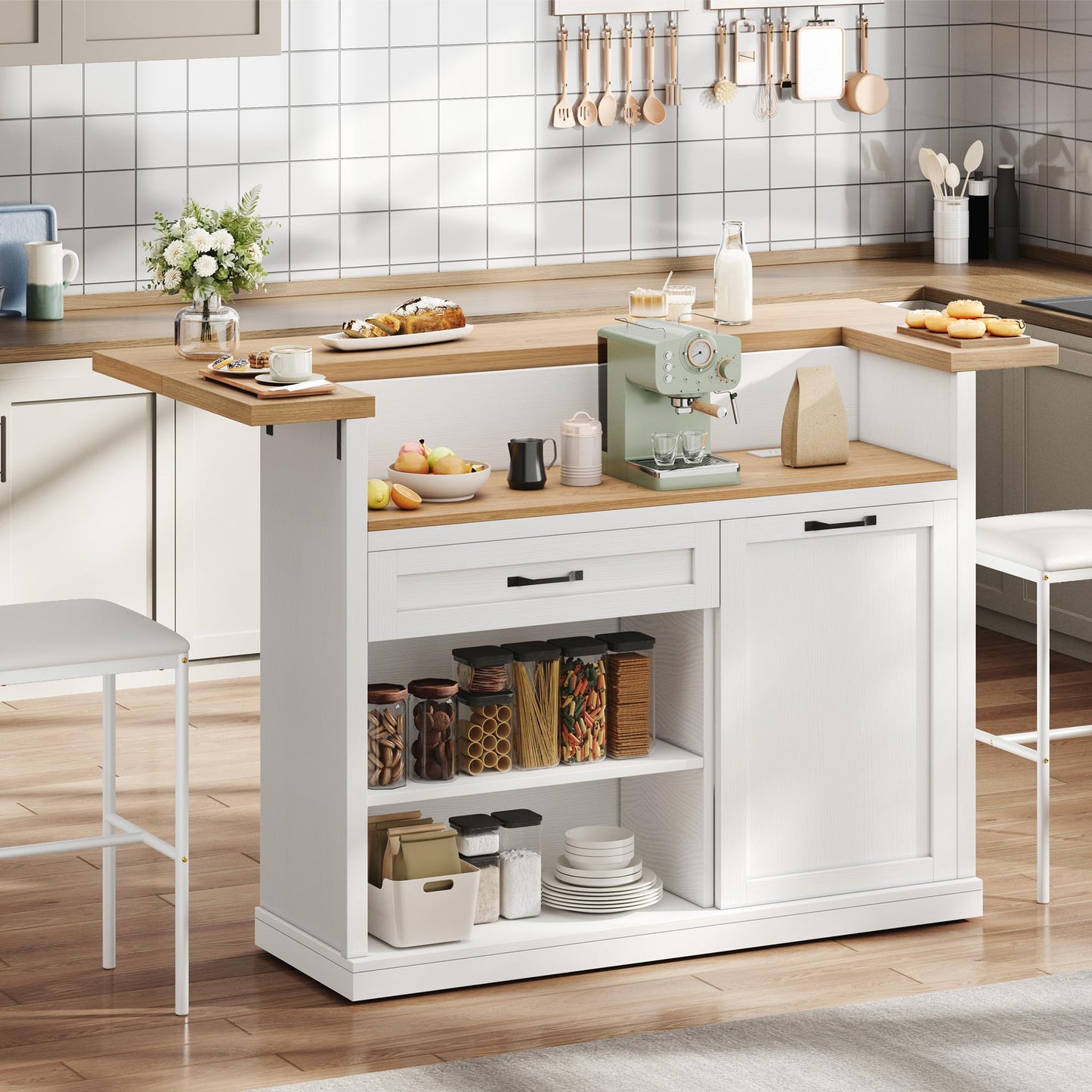 Homiflex Kitchen Island with Seating, Rolling Kitchen Islands with Storage, 55" W Large Island Table, Breakfast Bar Counter with Drop Leaf, Trash Can Cabinet, Power Outlet for Dining Room, White