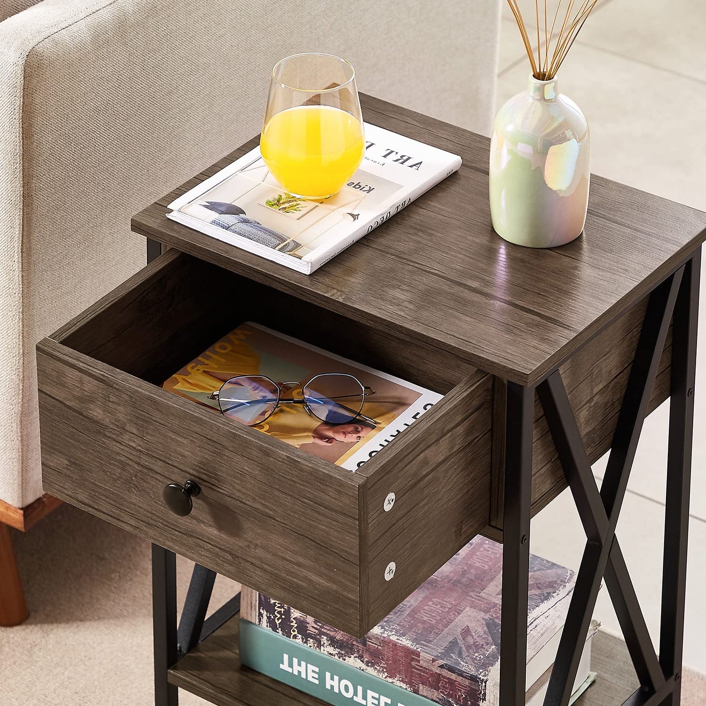VECELO Nightstand,Modern Bedside End Table, Night Stand with Drawer and Storage Shelf for Living Room Bedroom, Industrial Metal Frame