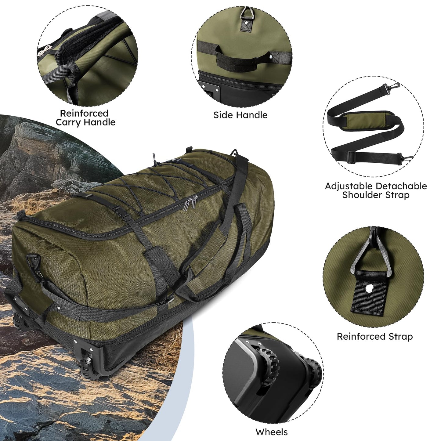 Vrtisa 110L Expandable to 140L 32” Foldable Oxford Soft-Sided Rolling Duffle Bag with 2 Heavy-Duty Wheels,2 Large Compartments,Adjustable Shoulder Strap and Attached Organizer Pouch,Green