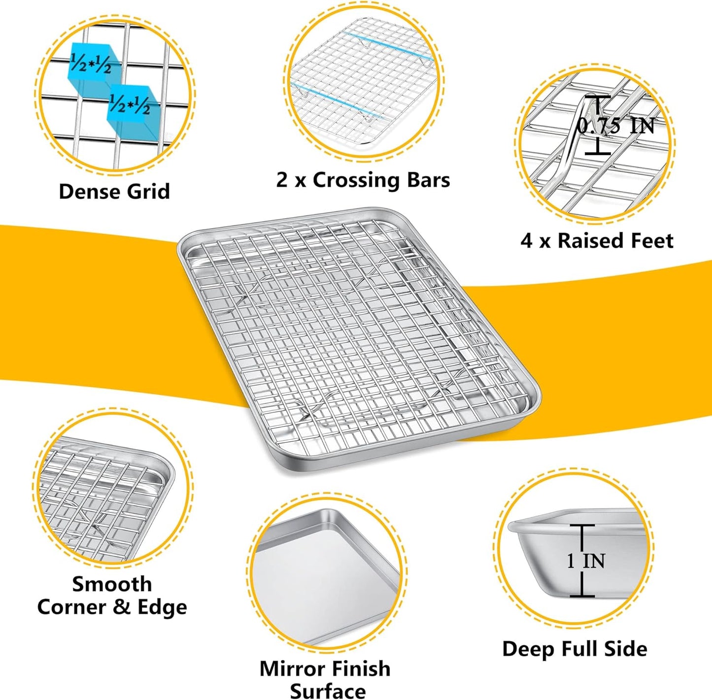 P&P CHEF Toaster Oven Pan Set - 10.4 Inch Stainless Steel Baking Tray & Cooling Rack | Dishwasher Safe, Non-Toxic, Easy to Clean