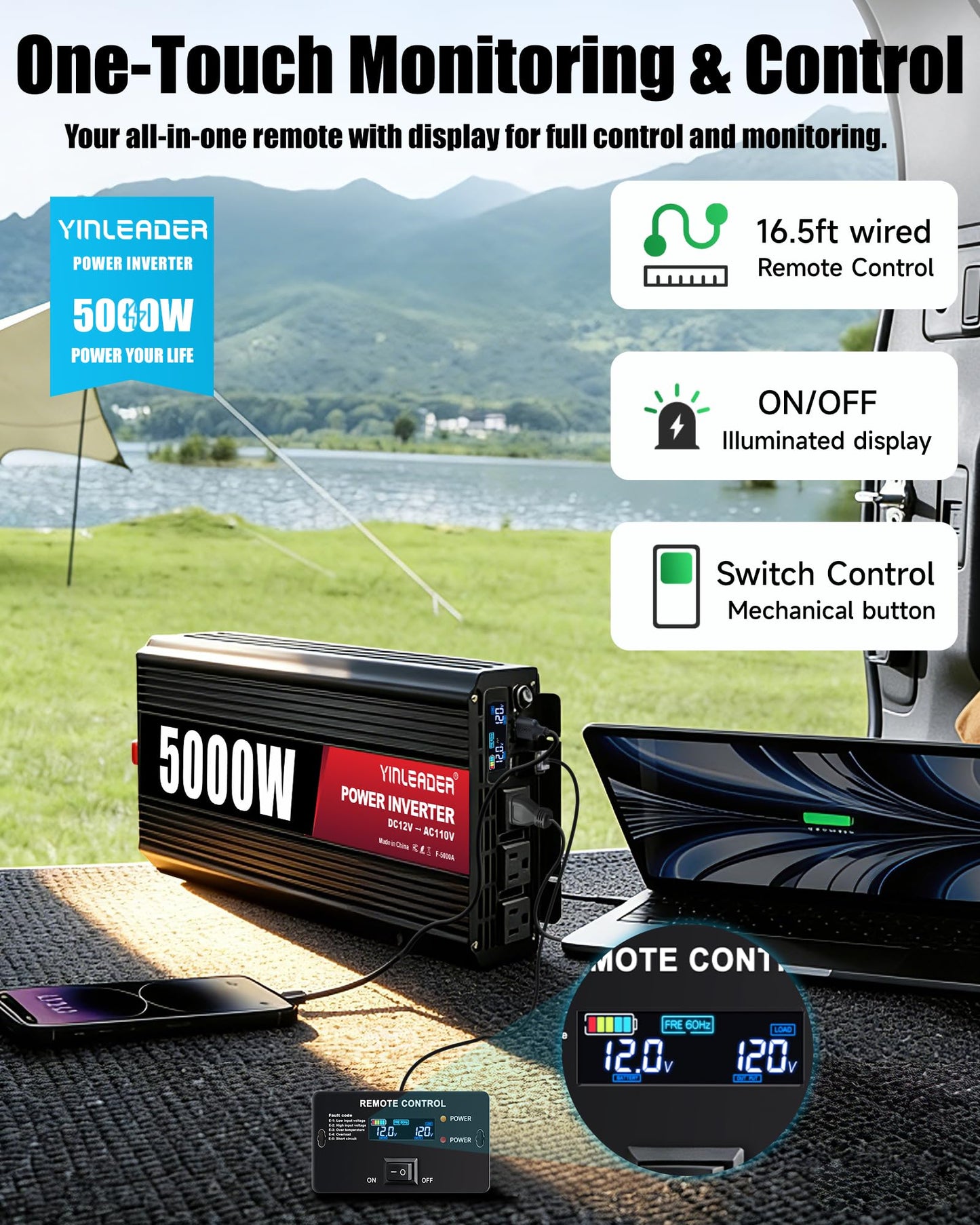 4000 Watt Power Inverter 12v to 110V/120V Converter Peak Power 8000W with 3 AC Outlets,1 USB Port, Remote Controller & LCD Screen DC to AC Inverter for RV Camping Off-Grid Solar Inverter Systems