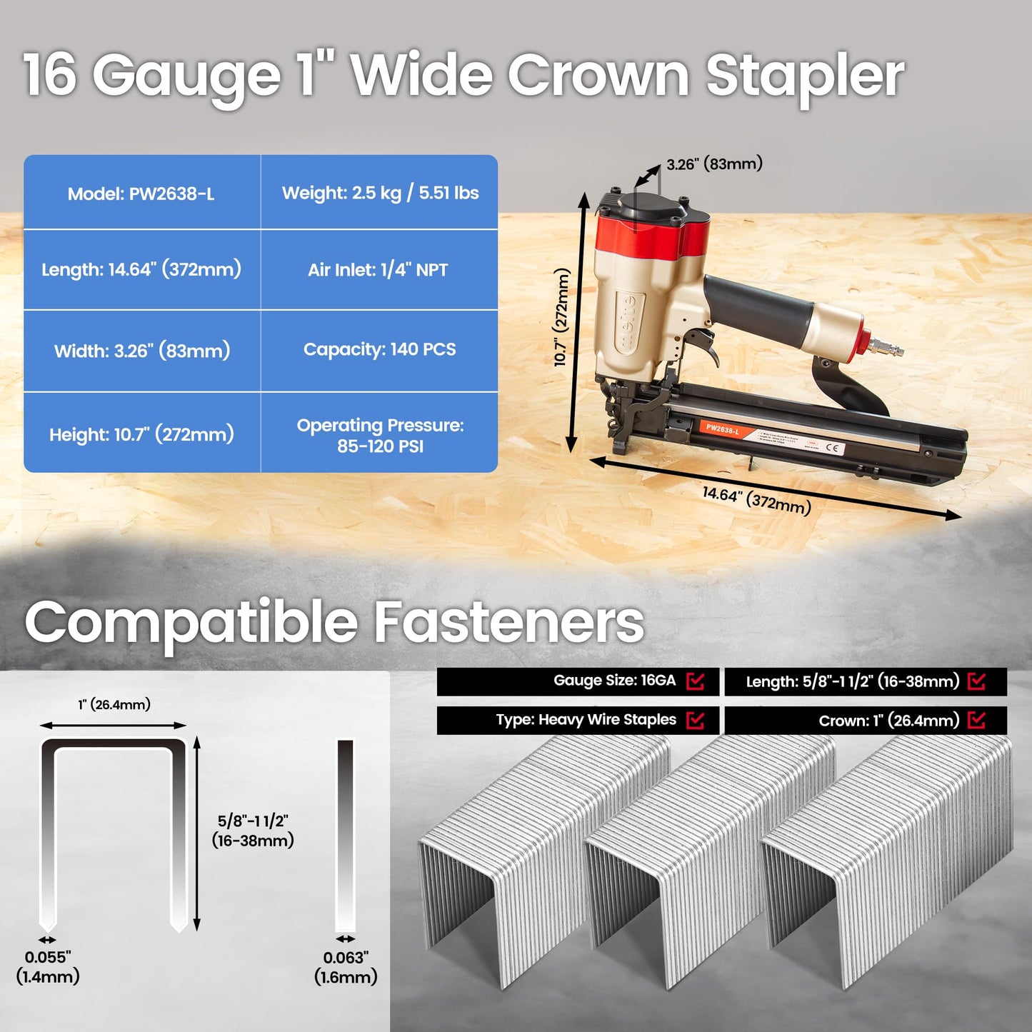 meite 16 Gauge 1-Inch Wide Crown Stapler, Pneumatic Heavy Duty Staple Gun for Roofing & Lathing, Tool-Free Jam Release & Visible Mag, Accepts 5/8"- 1-1/2" P-Type Staples PW2638-L