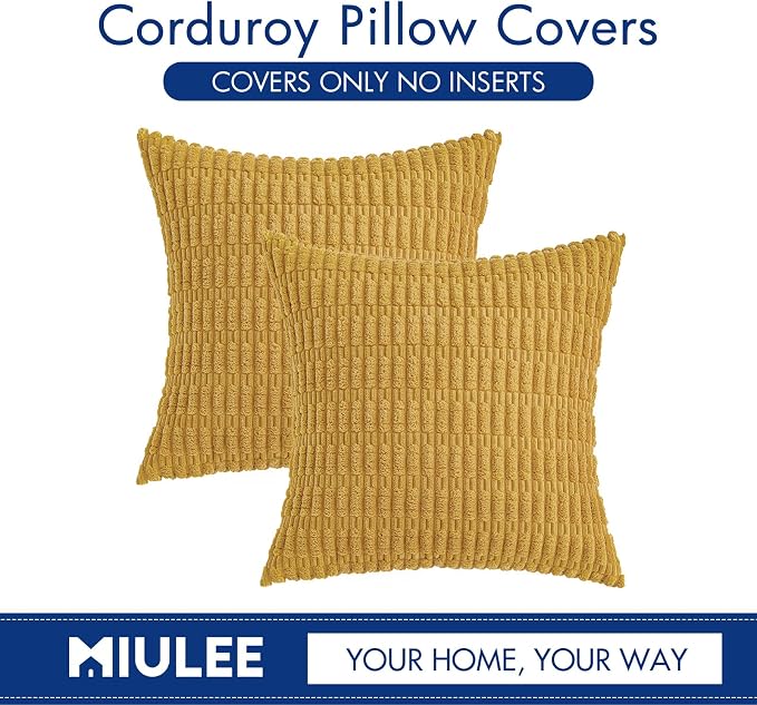 MIULEE Pack of 2 Corduroy Decorative Throw Pillow Covers 18x18 Inch Soft Boho Striped Pillow Covers Modern Farmhouse Home Decor for Summer Sofa Living Room Couch Bed Yellow