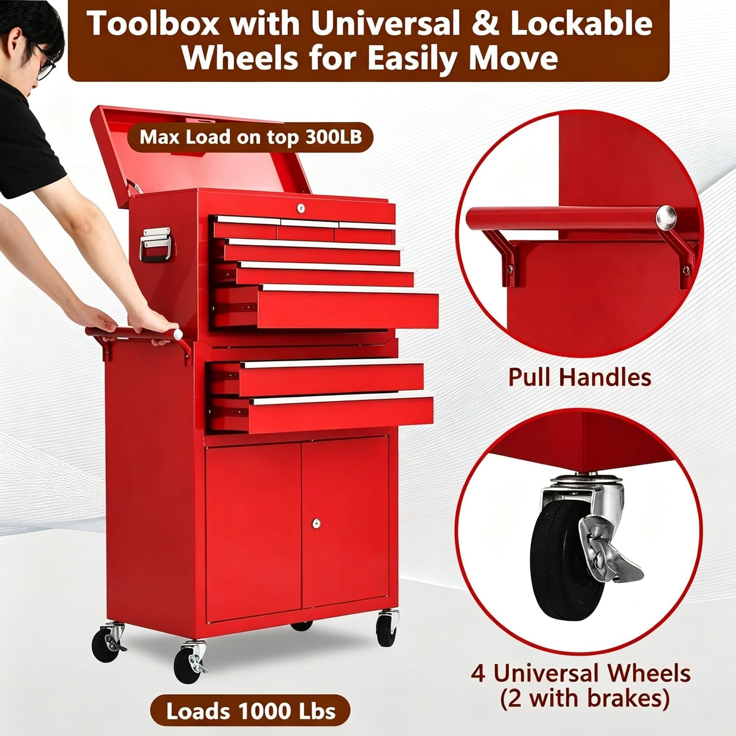 Rolling Tool Chest with Wheels, 24 Inch 8 Drawer 2-in-1 Detachable Tool Box and Cabinet, Lockable Cold Rolled Steel Tool Storage Organizer, Top 6 Drawers Bottom Cabinet 2 Drawers 1 Door, Red