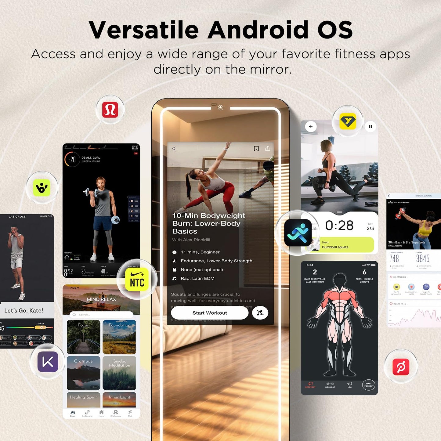 Smart Gym Mirror for Home Workouts, 32" HD Touchscreen with Android OS, 63" Full-Length Mirror, No Subscription Required, Fitness App Support, Voice Control & Music Sync LED Light Strip