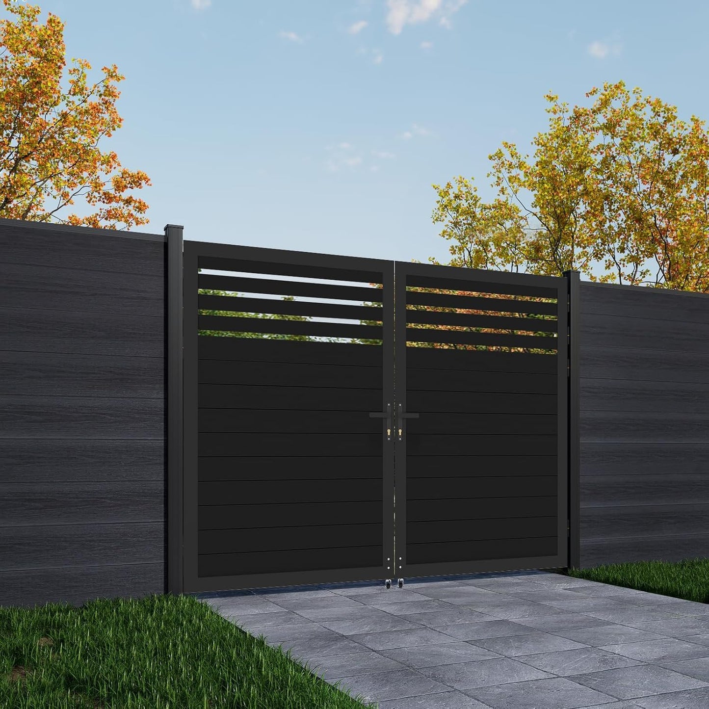 Mondaria Aluminum Double Fence Gate, 6FT H x 10FT W Outdoor Driveway Privacy Gate with Heavy Duty Metal Frame, Rustproof Powder-Coated Gate with Lockable Handle Kit, Semi-Privacy (Posts Not Included)