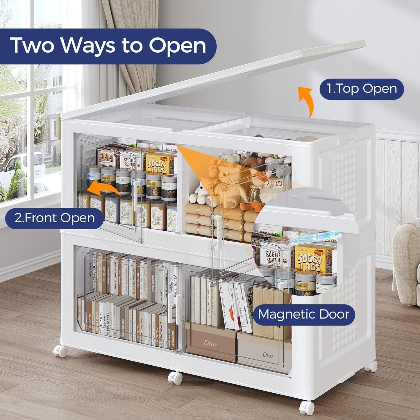 HOCRYPTA 250Gal 5-Tier Collapsible Storage Bins with Lid & Wheels, 1000QT Stackable Large Plastic Storage Cabinet Organizer Box with Doors for Bedroom Closet Kitchen Clothing Storage, White