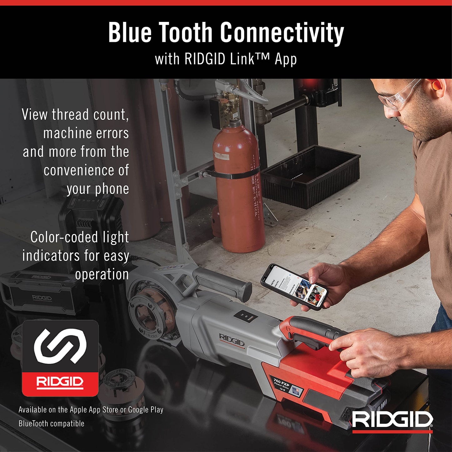 RIDGID 760 FXP Cordless Power Drive with 12-R Tool, Support Arm, and Case, Battery-Powered Pipe Threading Machine