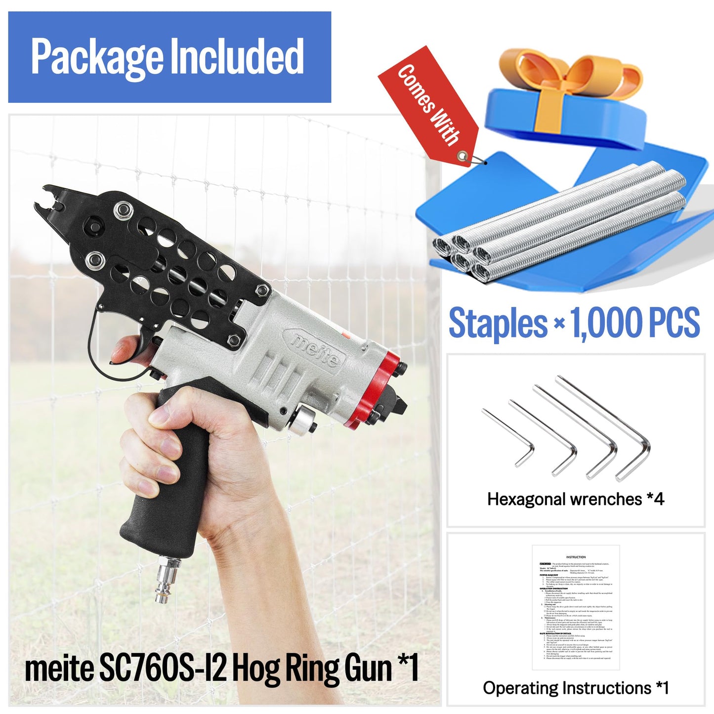 meite SC760S-I2 Pneumatic Hog Ring Gun, 16 Gauge 1/2" Crown Hog Ring Pliers, 2.6-3.6 mm Closure, Short Magazine Lightweight Air C Ring Stapler for Fencing, Upholstery, Pet Cages, and Bag Closing