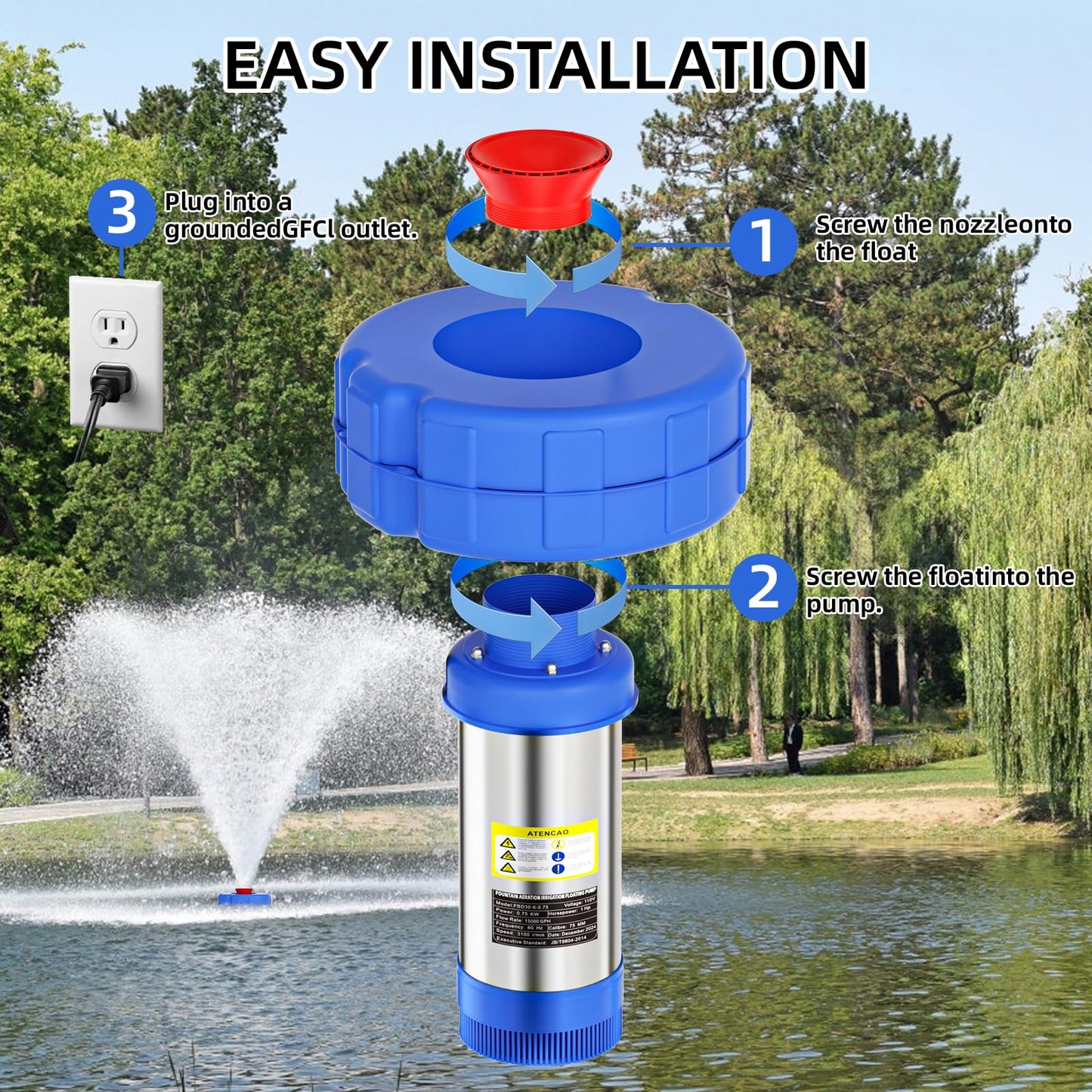 BOFEKTE 15000 GPH Pond Fountain Aerator - Fully Automatic 110V, 750W (1HP) Floating Pumps and Pond Aerator for Large and Small Outdoor Ponds and Lakes - Pountain aerator with 100Ft Power Cord (Silver)