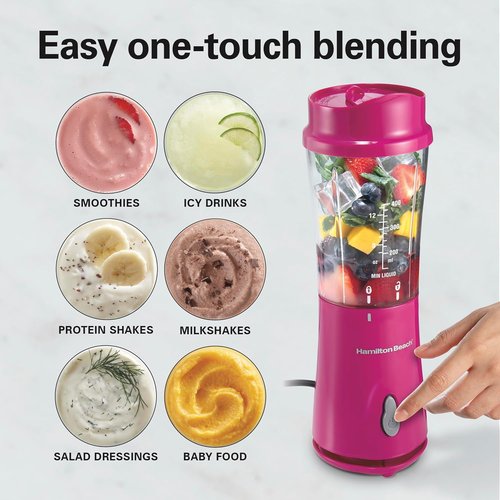 Hamilton Beach Portable Blender - 14 Oz BPA-Free Travel Cup & Lid | Durable Stainless Steel Blades for Smoothies & Shakes