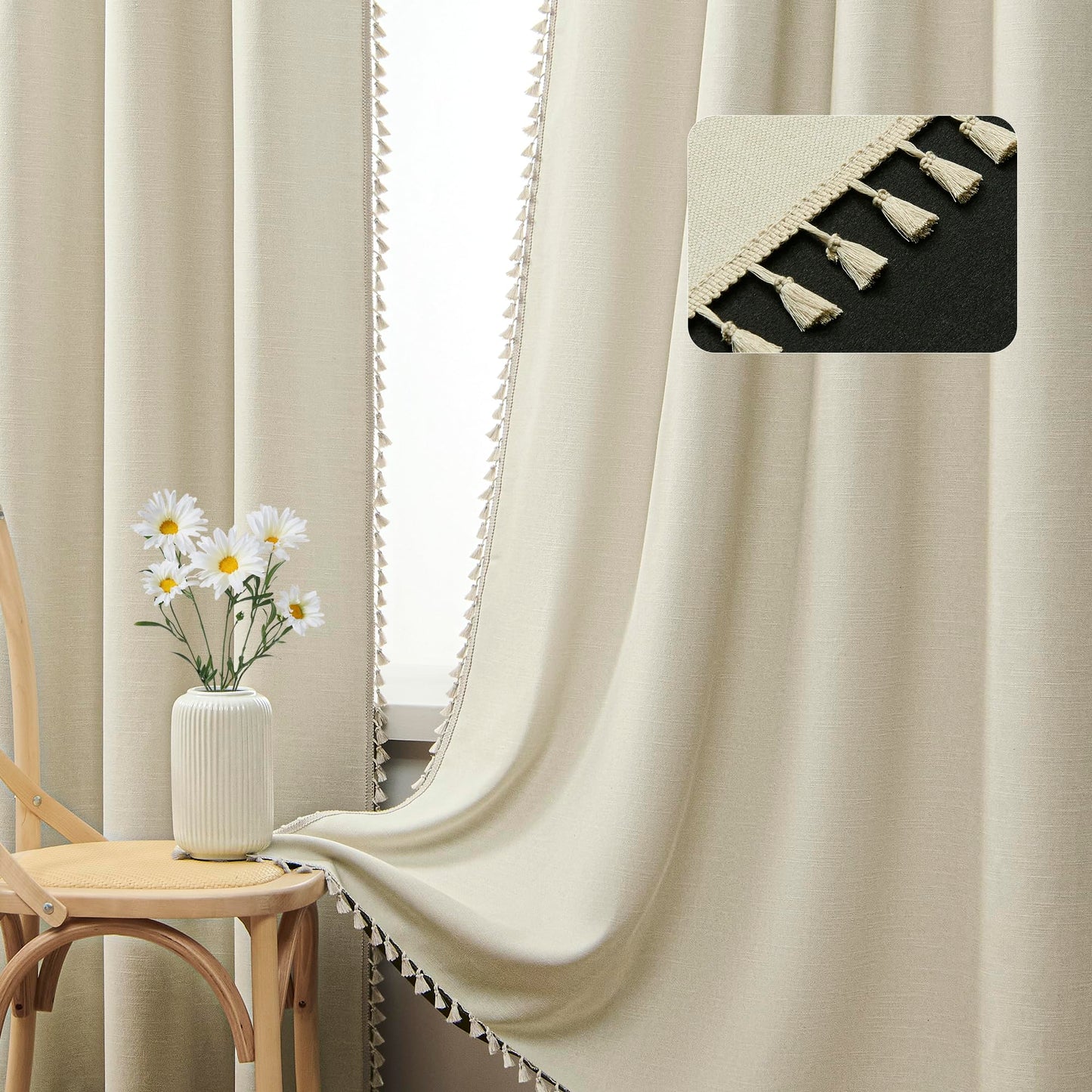 LIMON HOME Linen Blackout Curtains for Living Room 84 Inches Long Boho Black Out Curtains for Bedroom Thermal Insulated Light Blocking Drapes 2 Panels Set Noise Reduction Curtain