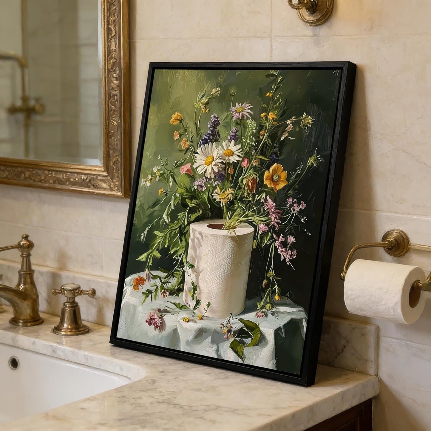 Skiennix Funny Floral Bathroom Wall Art - Moody Botanical Canvas Print | 8x10 Inch Decor