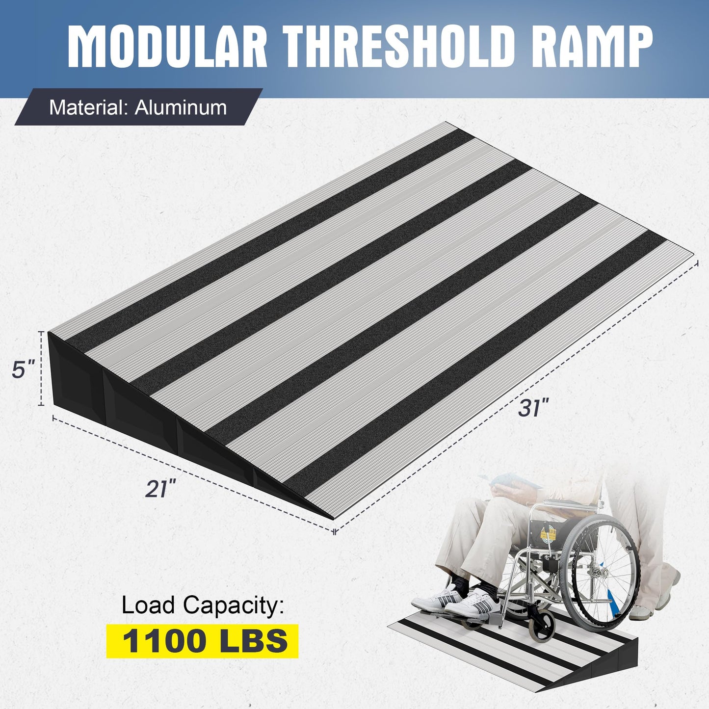 Nuvium 5" Rise Modular Threshold Ramp for Doorways, Stable Wheelchair Ramp for Home Steps, Aluminum Door Ramp and Curb Ramp for Scooters, Power Chairs, Cars, 1100LBS Load Capacity