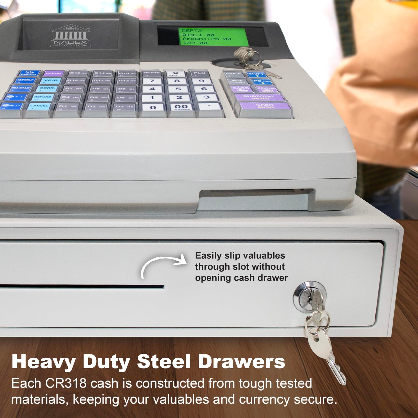 Nadex CR318 POS Cash Register, Thermal Printer, Steel Drawer, Multi-Clerk Support, White