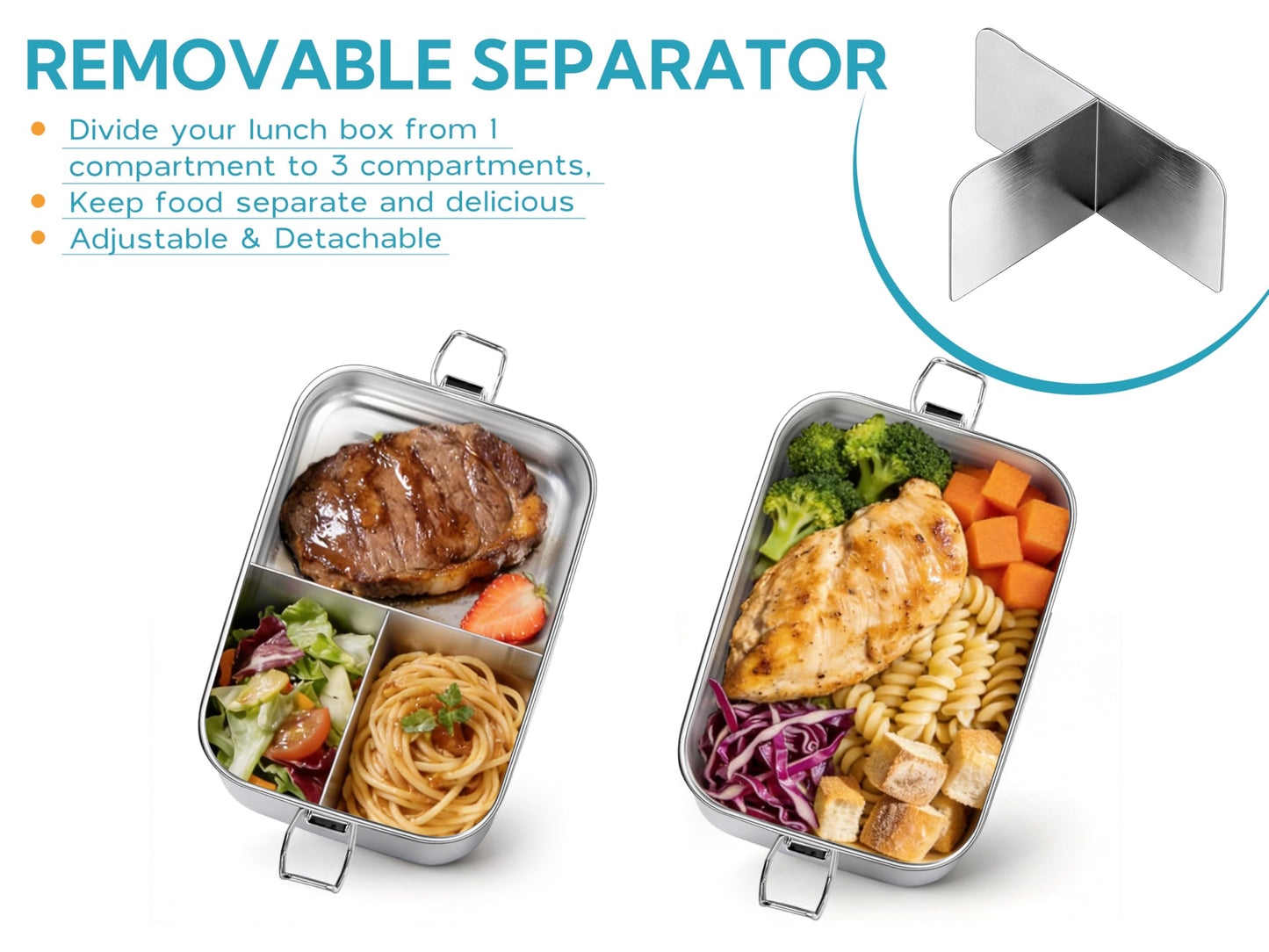 E-far Stainless Steel Bento Box, 28oz Metal Lunch Bento Box w/Leak Proof Lid, 850ml Small Food Container w/Removable Divider & Bag, Reusable 3-Compartment Bento Lunch Container for Camping Picnic