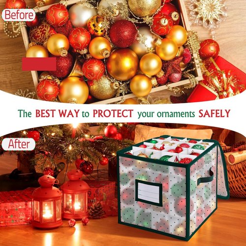 BINSUNS Christmas Ornament Storage Box - Organizer Bag with Dividers for 64 Ornaments | Green
