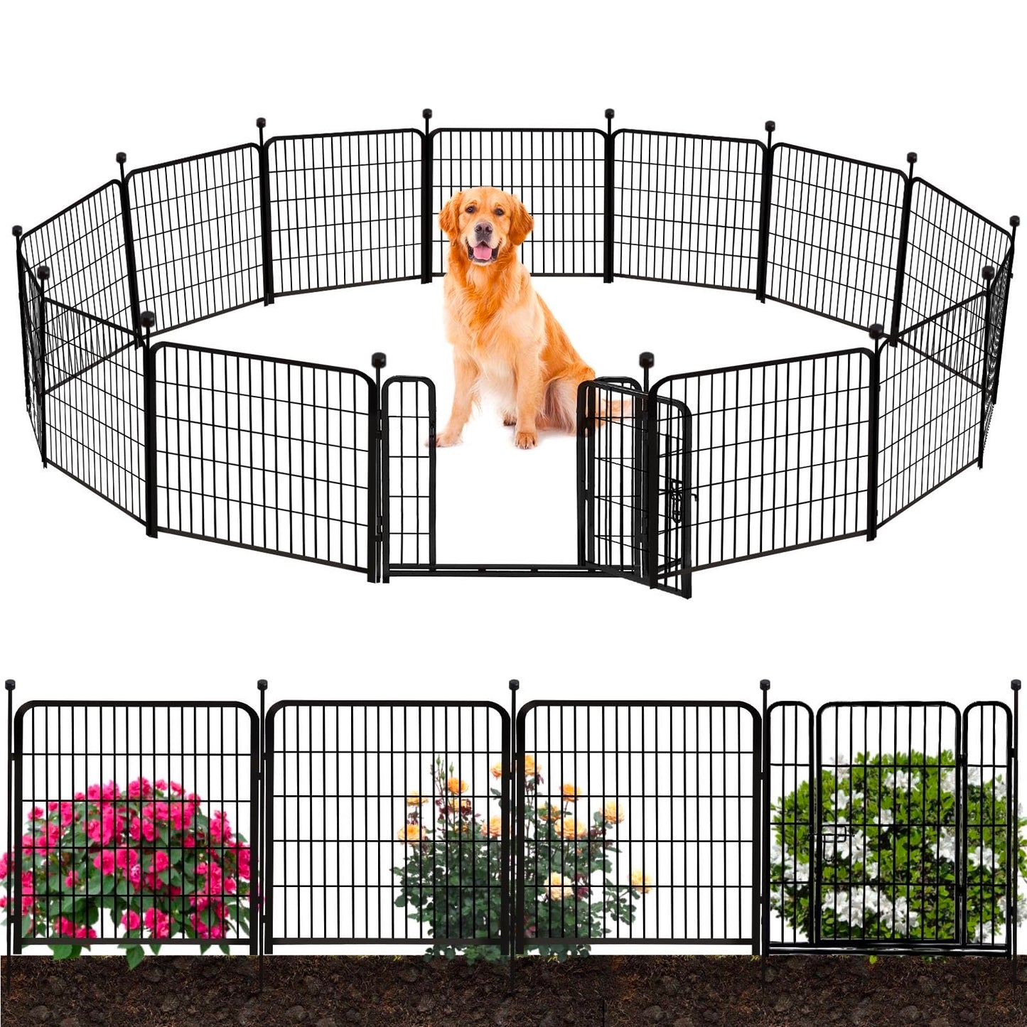 ADAVIN Tall Garden Fence Border with gate, 48 in(H) 12 Panels Total 26.6 Ft(L), Wide Door Low Threshold Fences, Black Iron Metal Heavy Duty Dog Fence Outdoor for Yard or Camping, Flower Bed Fencing