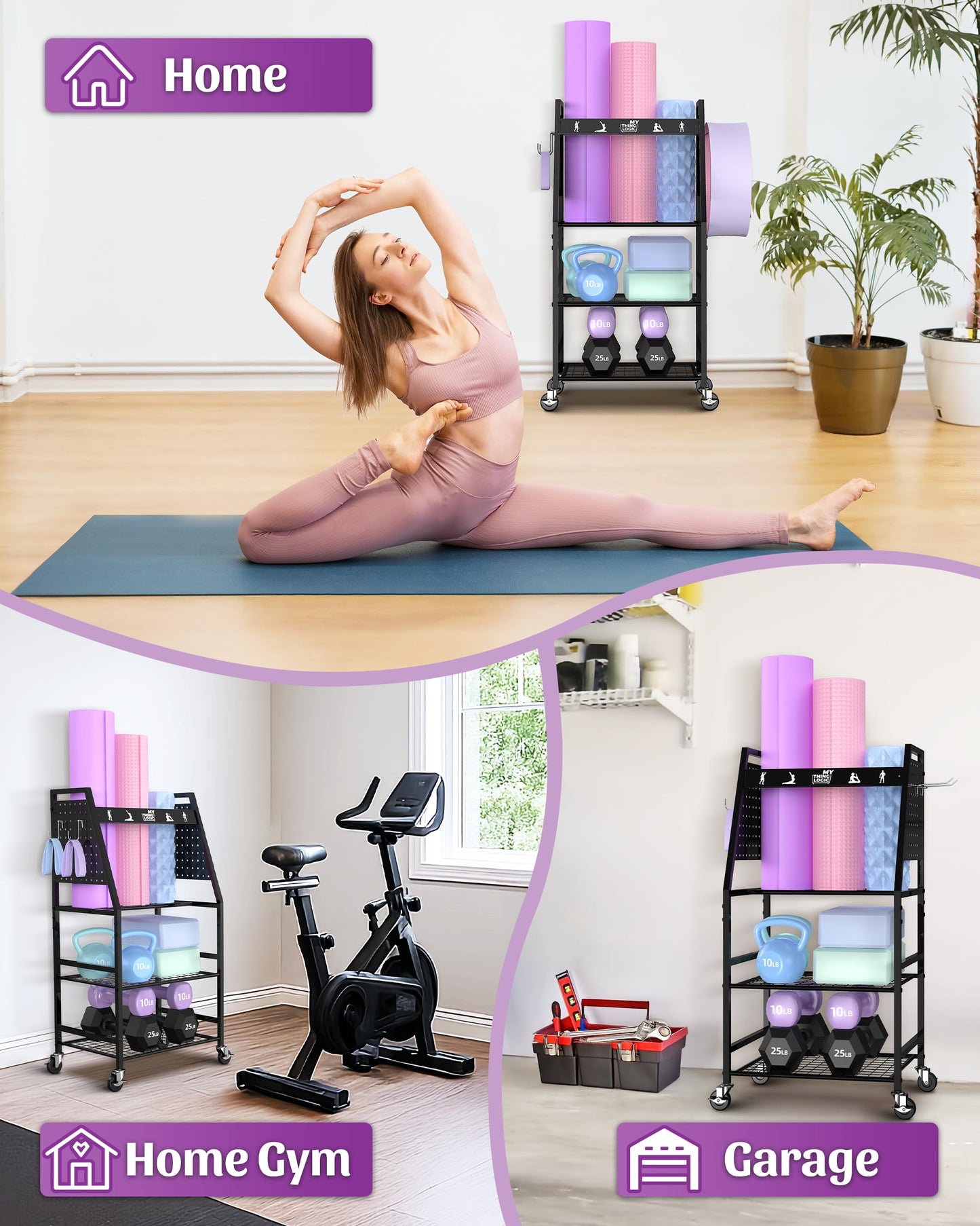 Mythinglogic Yoga Mat Storage Racks,Home Gym Storage Rack for Dumbbells Kettlebells Foam Roller, Yoga Strap and Resistance Bands, Workout Equipment Storage Organizer With Hooks and Wheels (New Black)