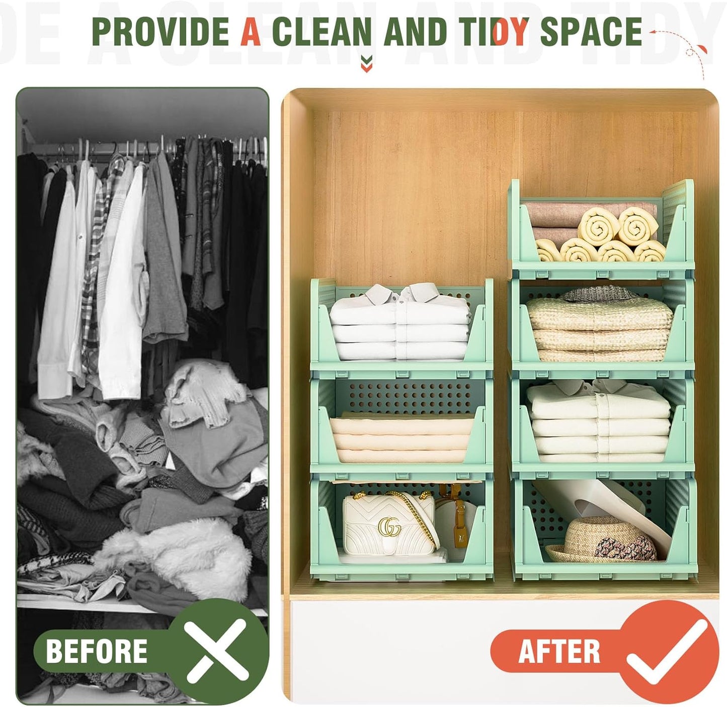 Stackable Plastic Storage Drawers - Closet Organizer with Open Bins for Clothes | 5-Drawer Set in Green