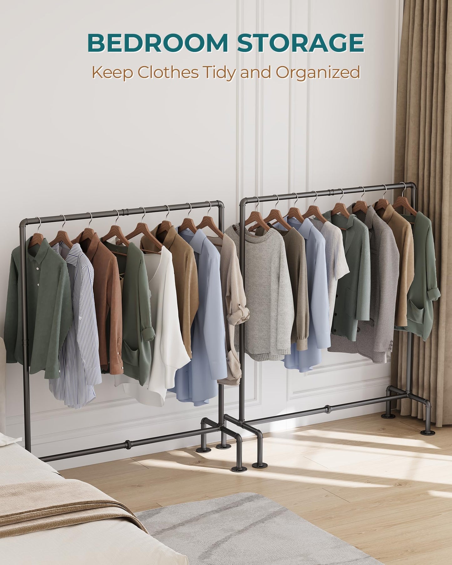OROPY Industrial Pipe Clothing Rack Free Standing Set of 2, Heavy Duty Detachable Clothes Rack with 4 Stable Feet for Garment Storage Display, Black