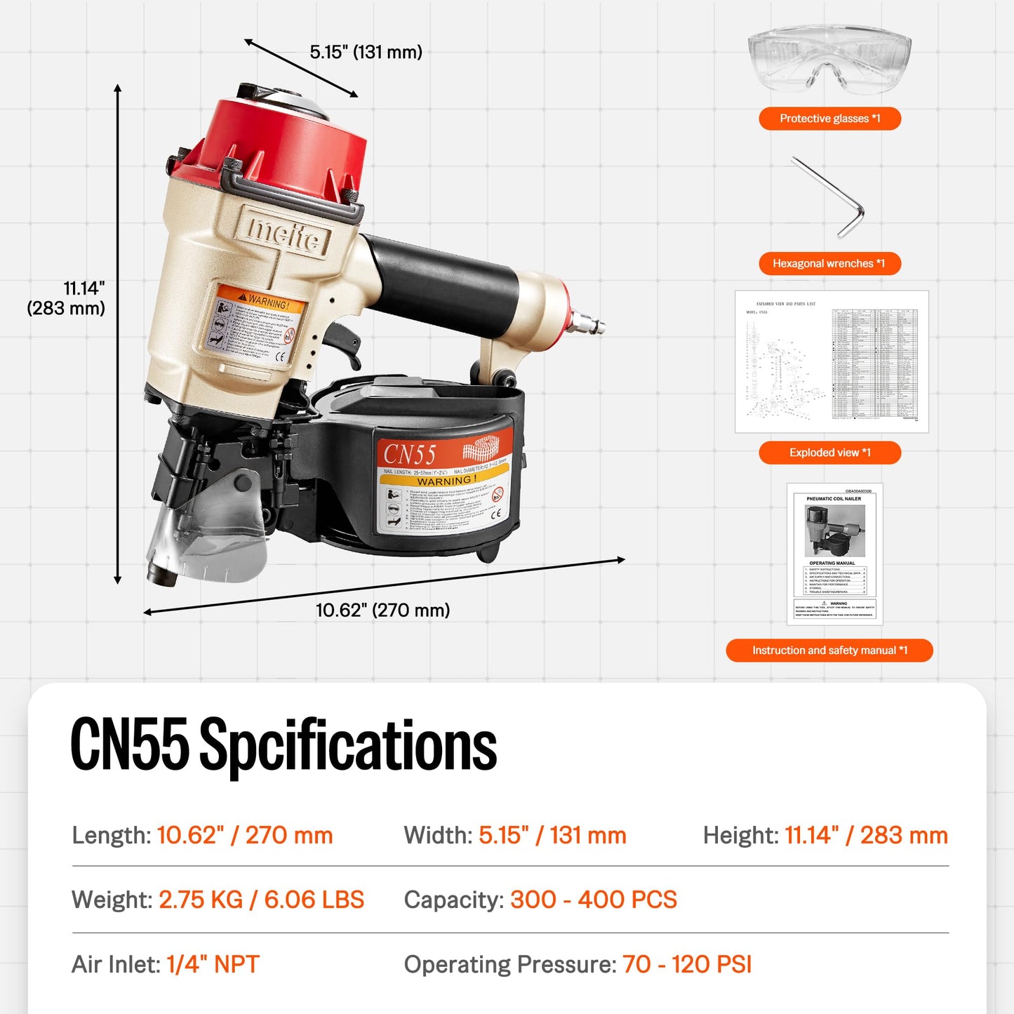 meite CN55 Siding Nailer Pneumatic Nail Gun Accepts 15 Degree 1" to 2-1/4" Coil Nails, Air Siding Nail Gun with Adjustable Exhaust for Hardwood Pallets Fencing Decking Sheathing