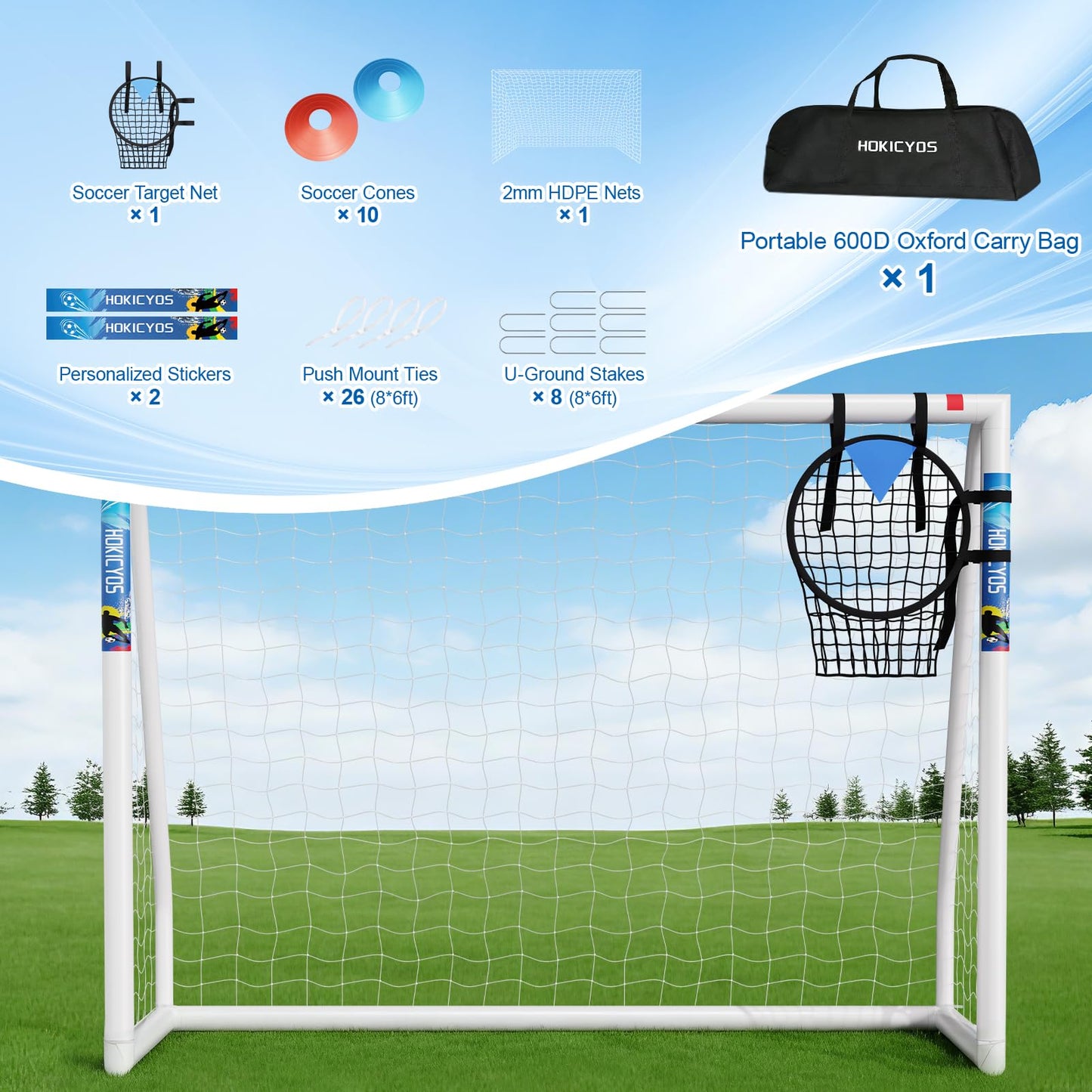 Hokicyos Soccer Goal for Backyard 8×6, 6×4 and 10×6.5 Soccer Goals with Soccer Target Net and Mark Cones, Weatherproof Soccer Goals with One Carry Bag and Net for Adults' Practice or Games