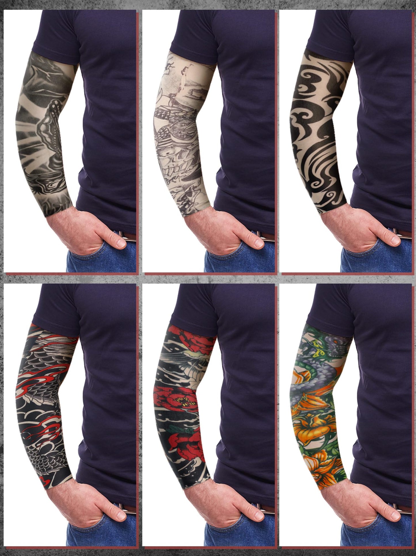 Boao 20 Pcs Men's Cooling Arm Sleeves Long Fingerless Arm Cover Anti Slip UV Protection Sun Temporary Tattoo Sleeves(Multi Style,Classic Colors,Large)