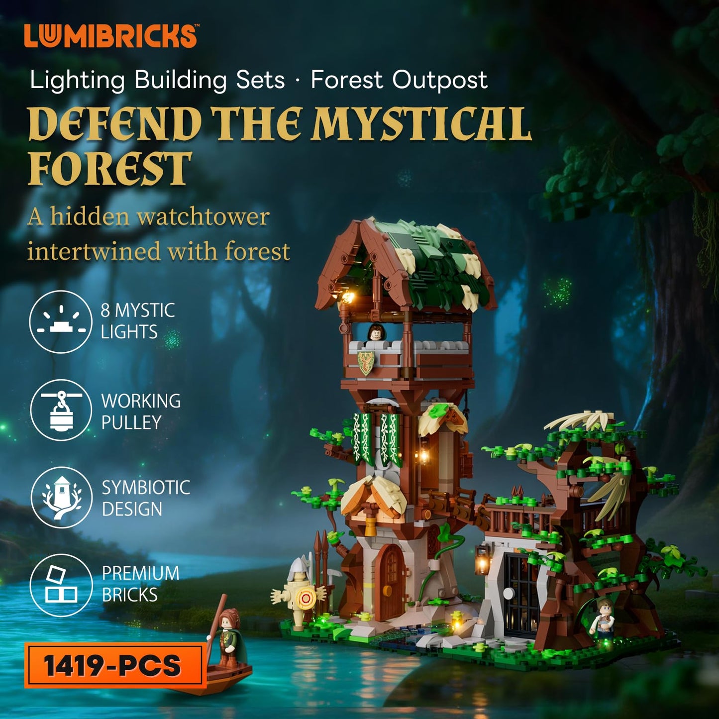 Lumibricks Medieval-Forest-Outpost Lighting Building-Blocks Set - 1419 Pcs Middle Ages Architecture Model Kit for Adults, Home Decor and Creative Display Gift