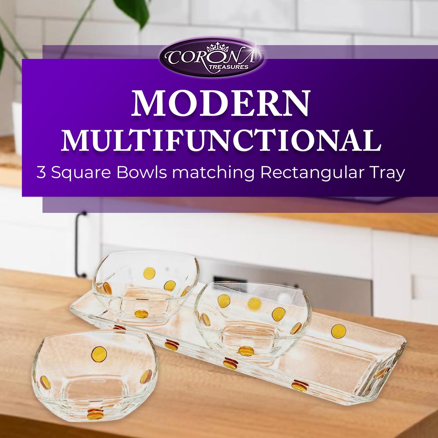 GAC Elegant Glass Square Bowls Set with Matching Rectangular Tray - 3-Piece Decorative Glass Centerpiece with Gold Dots, Square Serving Bowls for Condiments, Snacks, & Parties- Thoughtful present.