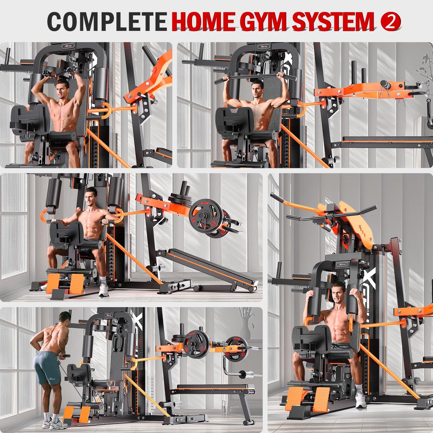 XGSW Multi-Function Home Gym Workout Station, Featuring a Pulley System, arm Trainer, and Leg Trainer for Full-Body Workouts. (L03-3【154LBS】 Three-Person Fitness Station Only)