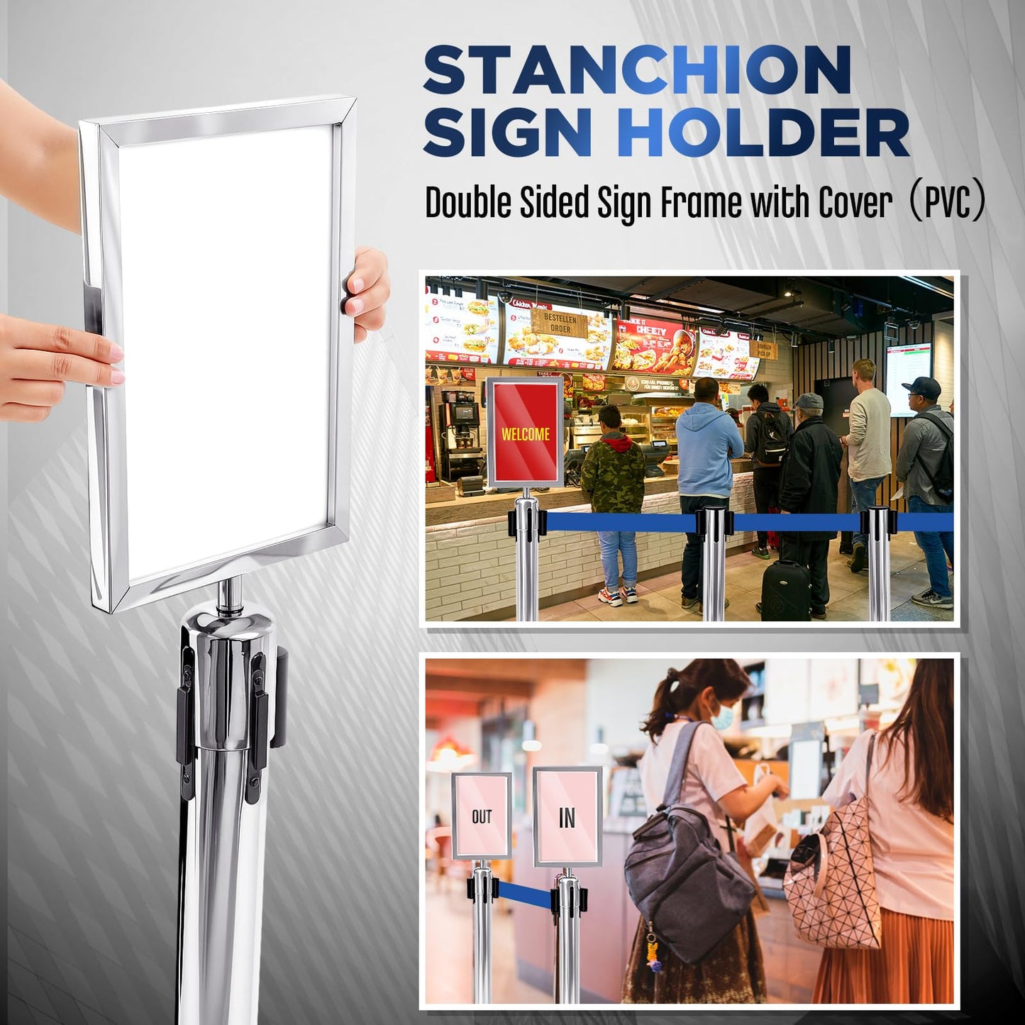 Zonon 6 Pack Crowd Control Stanchion Set with 9.8 FT Retractable Belt and 1 Sign Holder Crowd Control Barrier - Easy Connect Assembly(Silver and Blue)